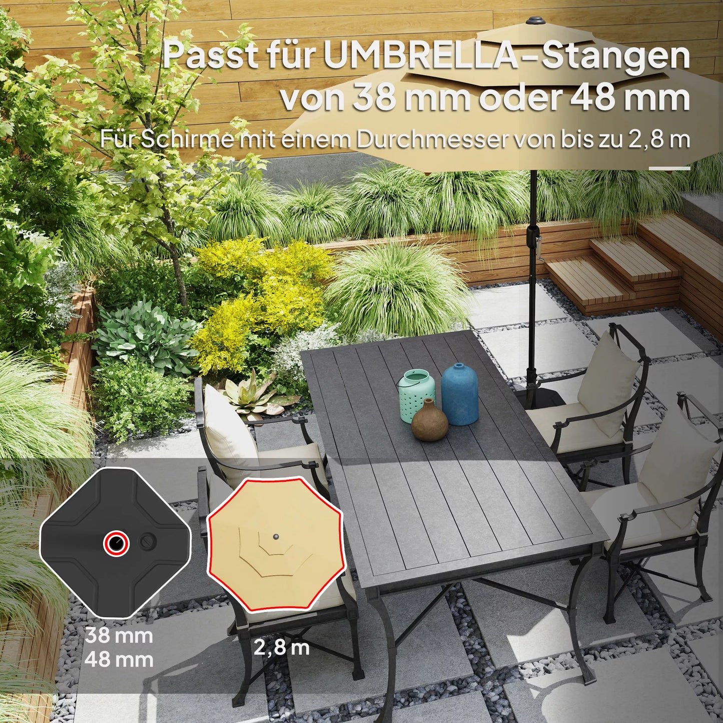 Skėčių stovas, kurį galima pripildyti iki 25 kg Skėčių stovas, kvadratinis Skėčių laikiklis Stovas skėčiams 38/48 mm