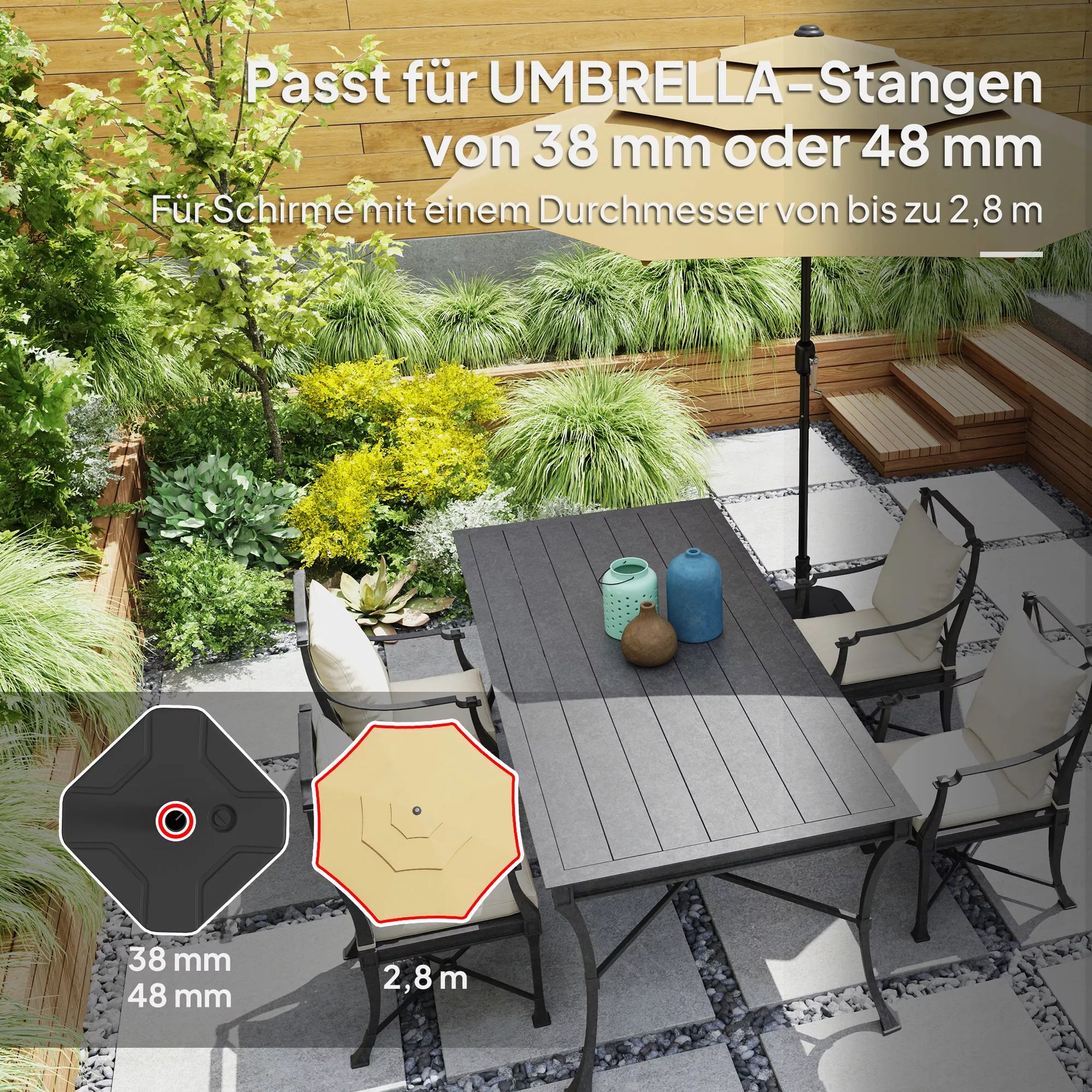 Skėčių stovas, kurį galima pripildyti iki 25 kg Skėčių stovas, kvadratinis Skėčių laikiklis Stovas skėčiams 38/48 mm