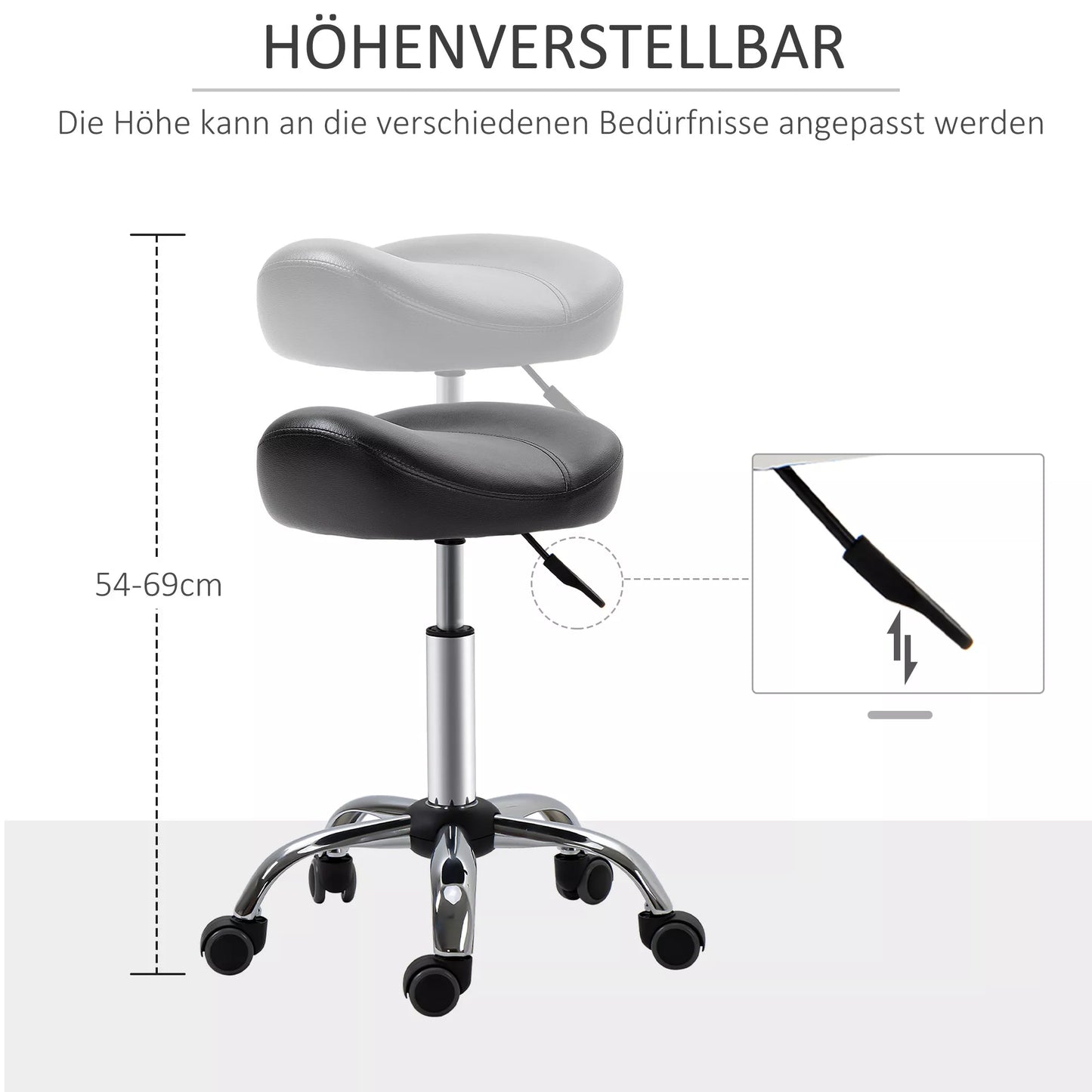 Salono taburetė su balnelio formos sėdyne, reguliuojamo aukščio, dirbtinė oda, 48x48x54-69cm, Juoda