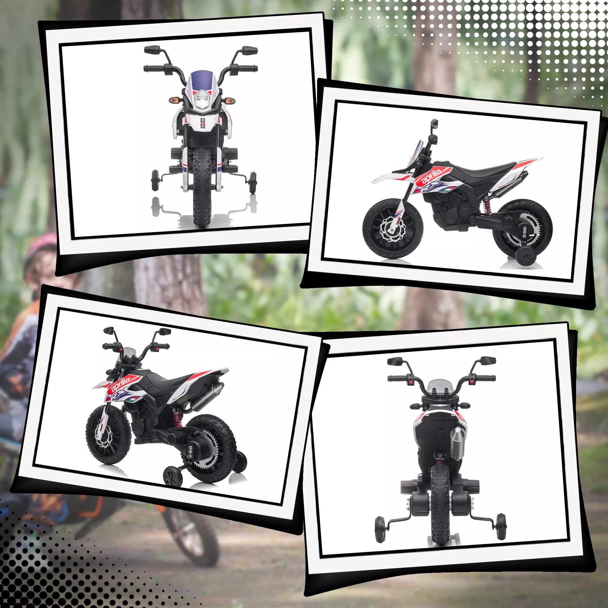 12 V vaikų motociklas su pagalbiniais ratais, LED žibintais, muzika, USB, elektrinis motociklas berniukams ir mergaitėms, baltas