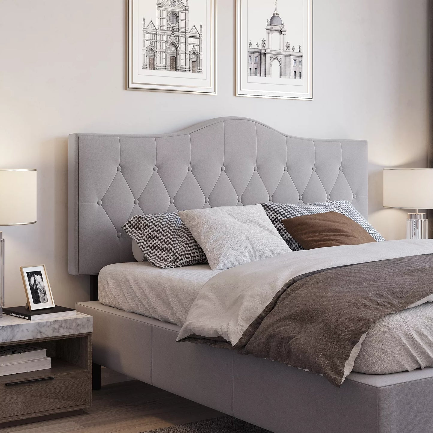 Lovos galvūgalis, minkštas lovos galvūgalis, atlošas, pilkos spalvos, tuopos, aksomo audinys, 185 x 8 x 134 cm