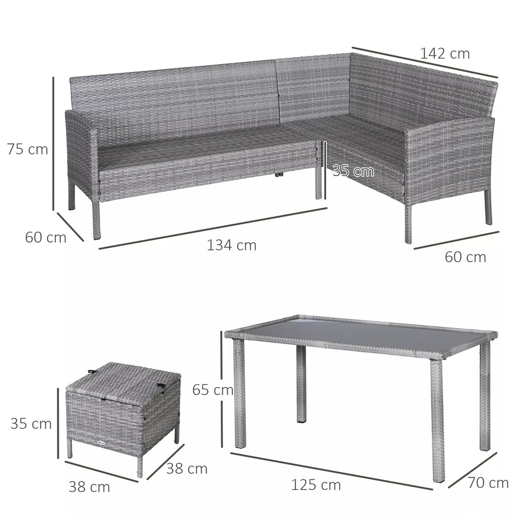 5 dalių sodo baldų rinkinys, rotango sėdimoji grupė su pufu, metalas, pilkos spalvos, 142 x 60 x 75 cm