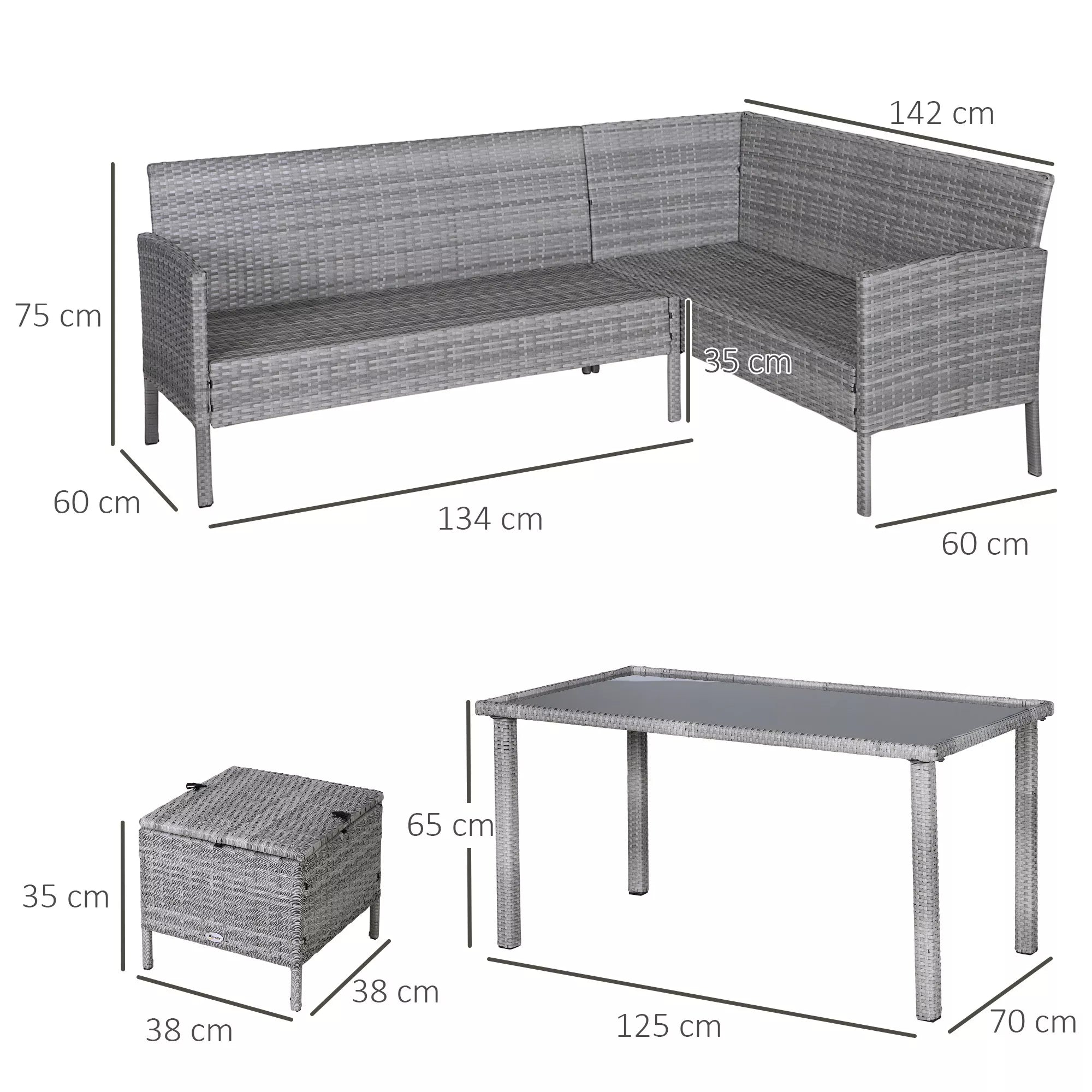 5 dalių sodo baldų rinkinys, rotango sėdimoji grupė su pufu, metalas, pilkos spalvos, 142 x 60 x 75 cm