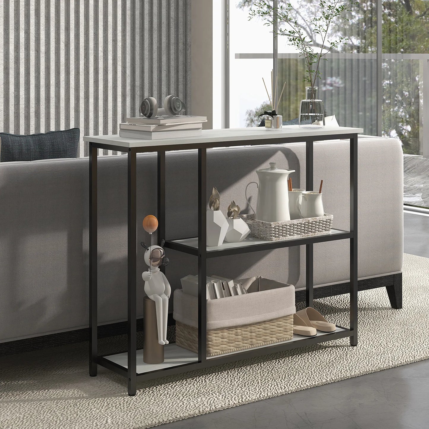 Pramoninio dizaino konsolė, 2 lentynos, marmuro imitacija, juoda + balta