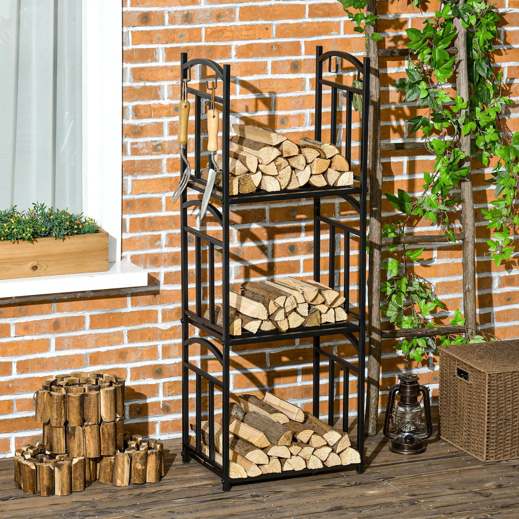 Vidinis malkų stovas 46 x 32 x 126 cm, 3 lygiai, malkų lentyna su 4 kabliukais, metalas, juodas