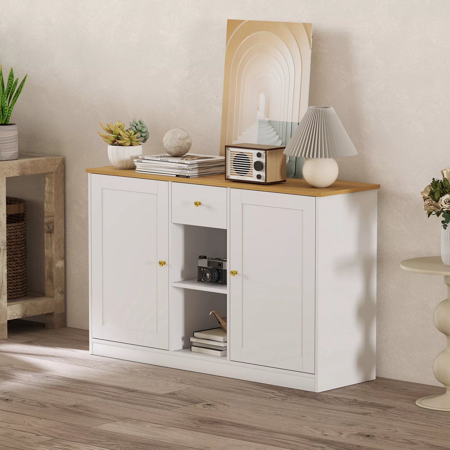 Virtuvinė komoda, sideboard'as su stalčiumi, spintelėmis, lentynomis, iš MDP, balta
