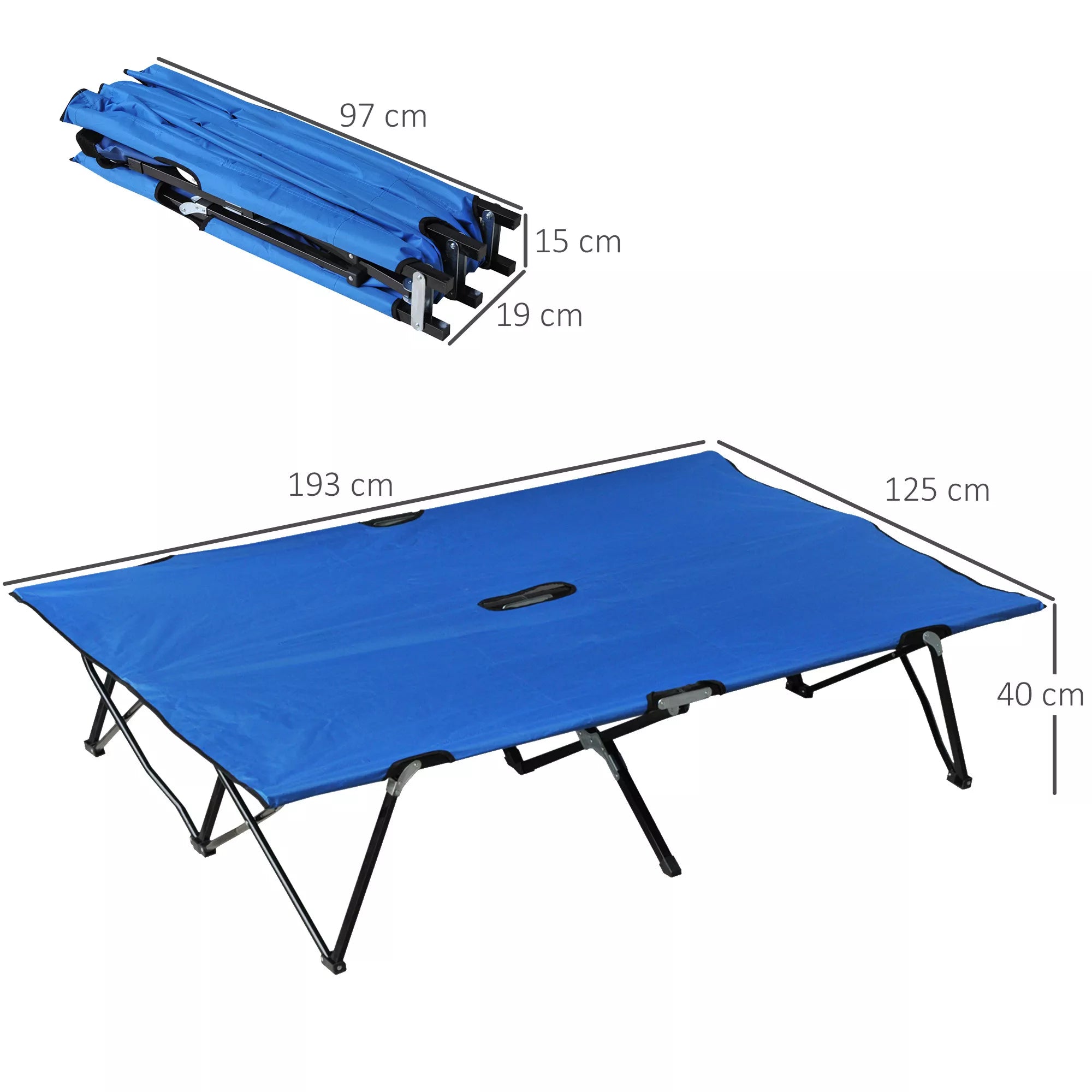 Sulankstoma kempingo lova 2 asmenims Sulankstoma lauko lova su nešimo krepšiu, atlaiko iki 136 kg svorį Plienas Oxford mėlyna + juoda 193 x 125 x 40 cm