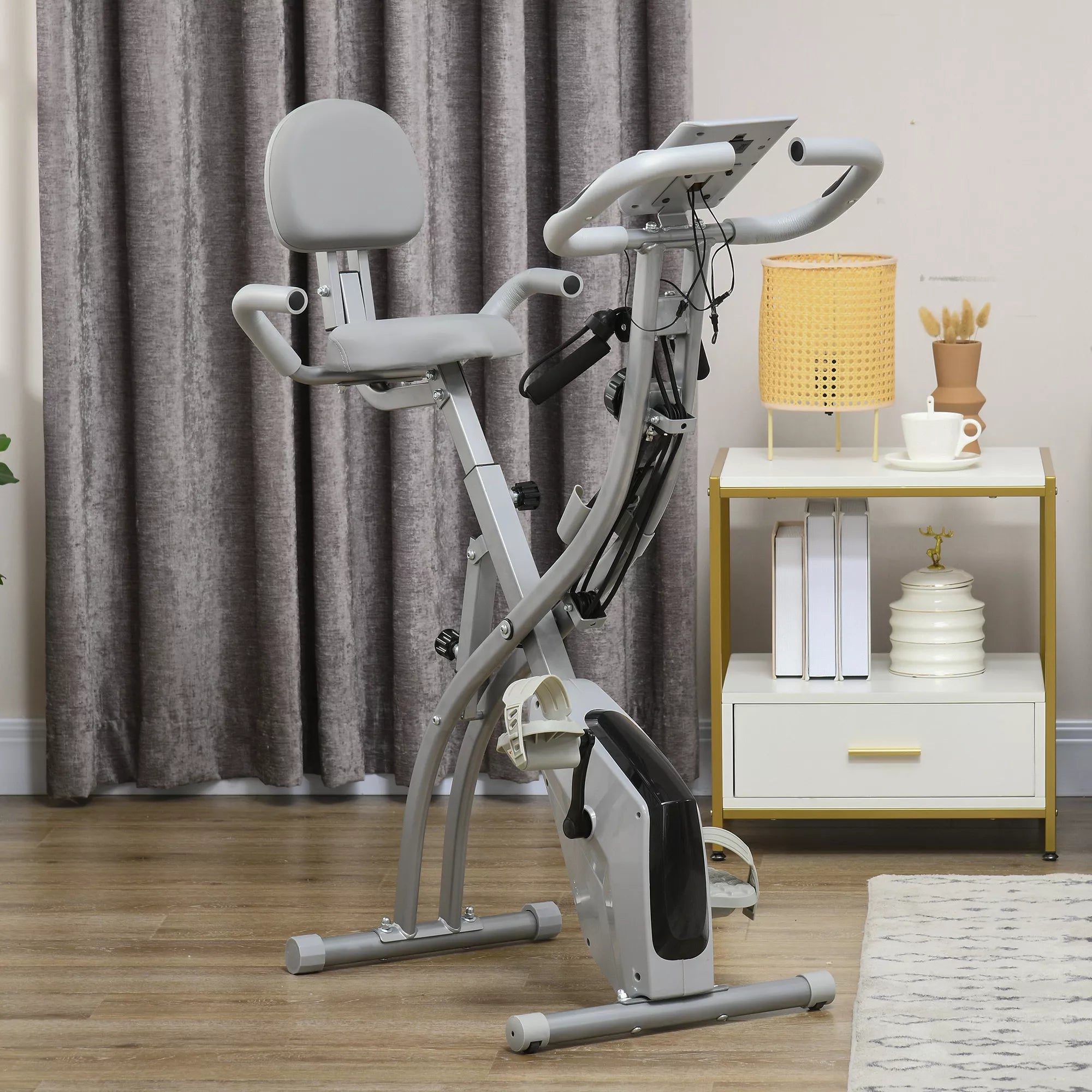 X-Bike 2-in-1 dviračių treniruoklis su LCD ekranu, širdies ritmo monitoriumi, sulankstomas namų treniruoklis su 8 pakopų magnetine varža, 1 poros pasipriešinimo gumos, plienas, pilka spalva, 105x48x118 cm