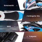 Motociklo detalių infografika: žibintas, sėdynė, pedalas, BMW