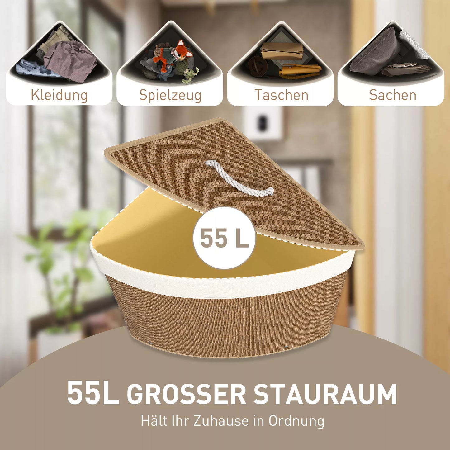 Skalbinių krepšys kampo dizaino, pintas bambukas, 55 litrų, su medžiaginiu maišeliu, metaliniu rėmu, rudas