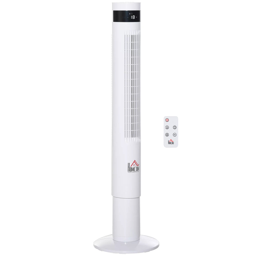 Bokštinis ventiliatorius, stovinis ventiliatorius su 3 ventiliacijos greičiais, nuotolinio valdymo pultas, 50 W ventiliatorius su 12 val. laikmačiu, LCD ekranas, 85° svyravimas, miegamajam, baltas