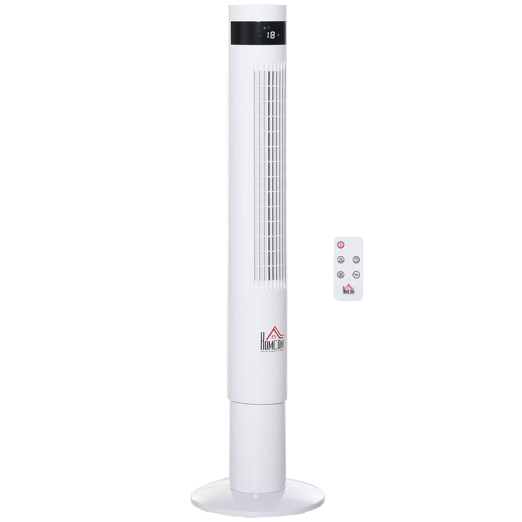 Bokštinis ventiliatorius, stovinis ventiliatorius su 3 ventiliacijos greičiais, nuotolinio valdymo pultas, 50 W ventiliatorius su 12 val. laikmačiu, LCD ekranas, 85° svyravimas, miegamajam, baltas