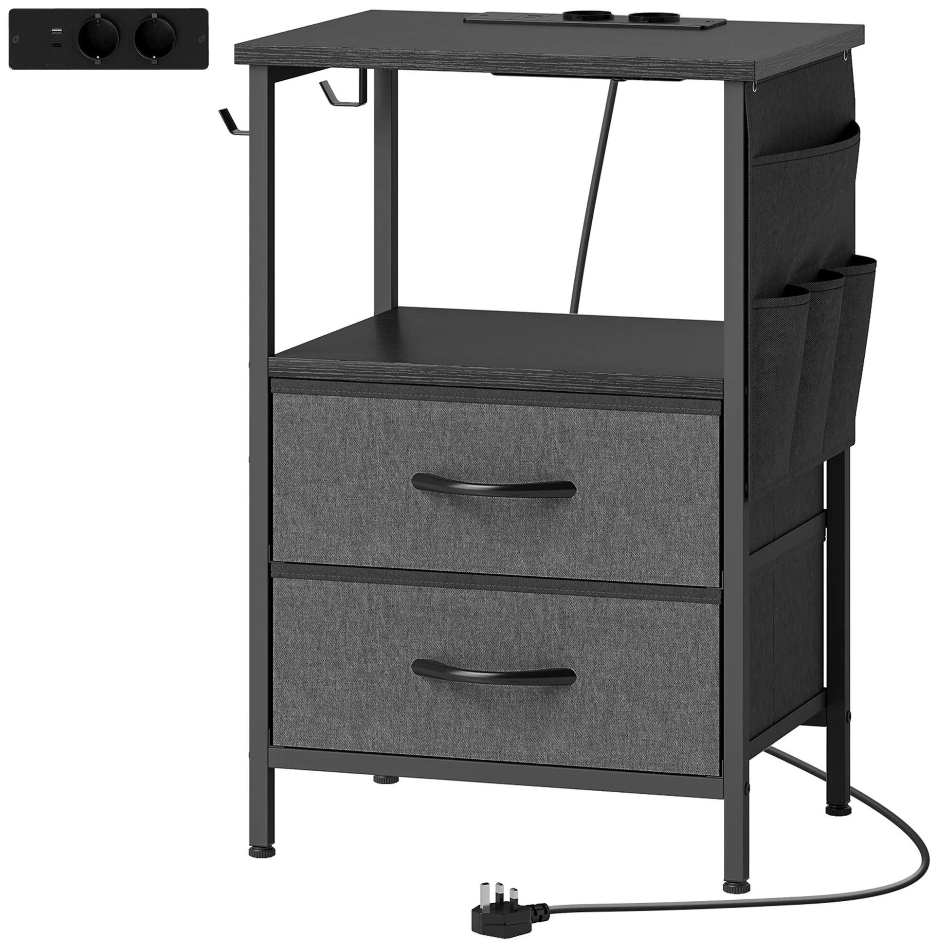 Staliukas su įkrovimo stotele, plieninis rėmas, USB-C jungtys, stalčiai, kabliai, 40 cm x 30 cm x 60 cm, juodas