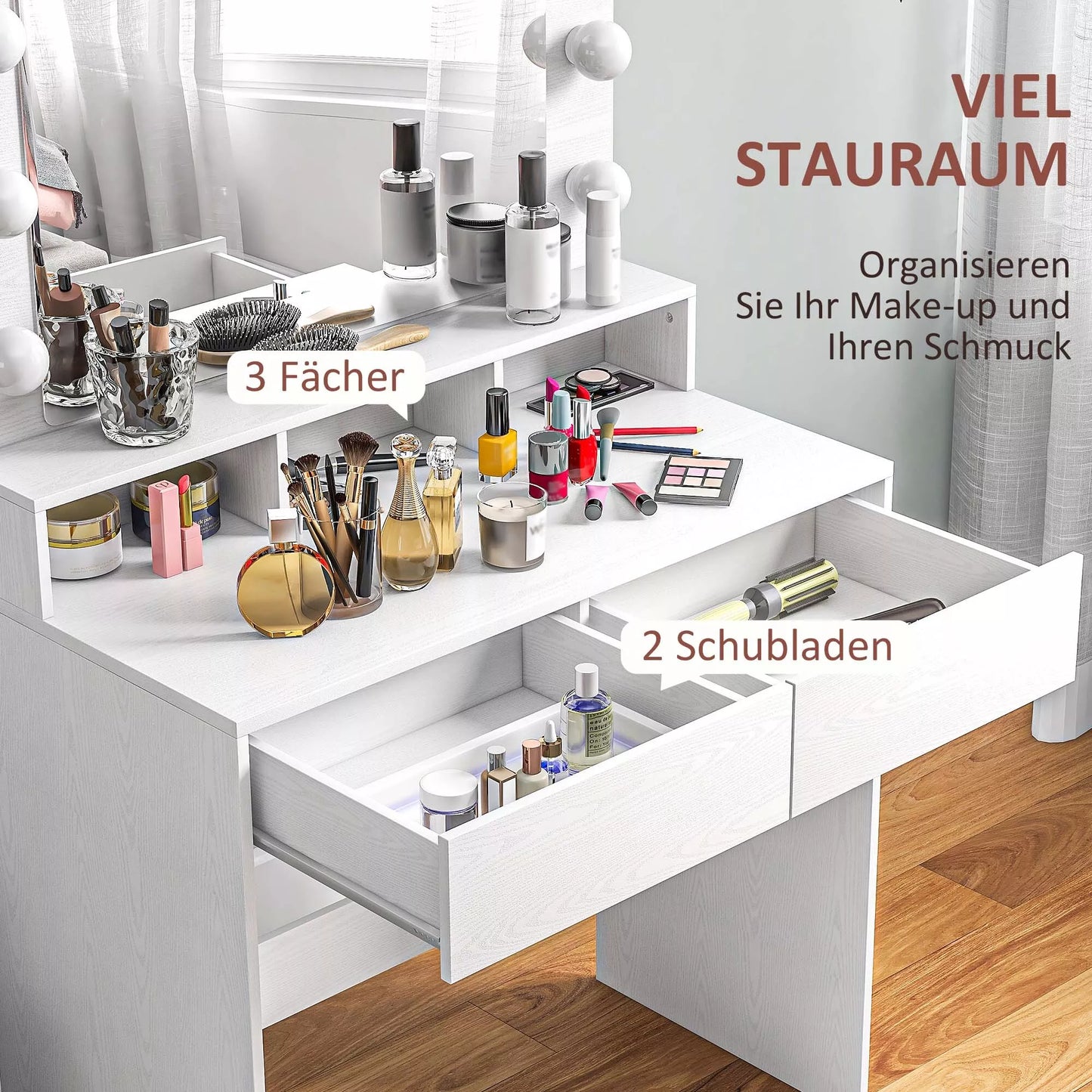 Modernus baltas kosmetinis staliukas su apšviestu veidrodžiu, stalčiais, 3 apšvietimo režimais ir 10 lemputių