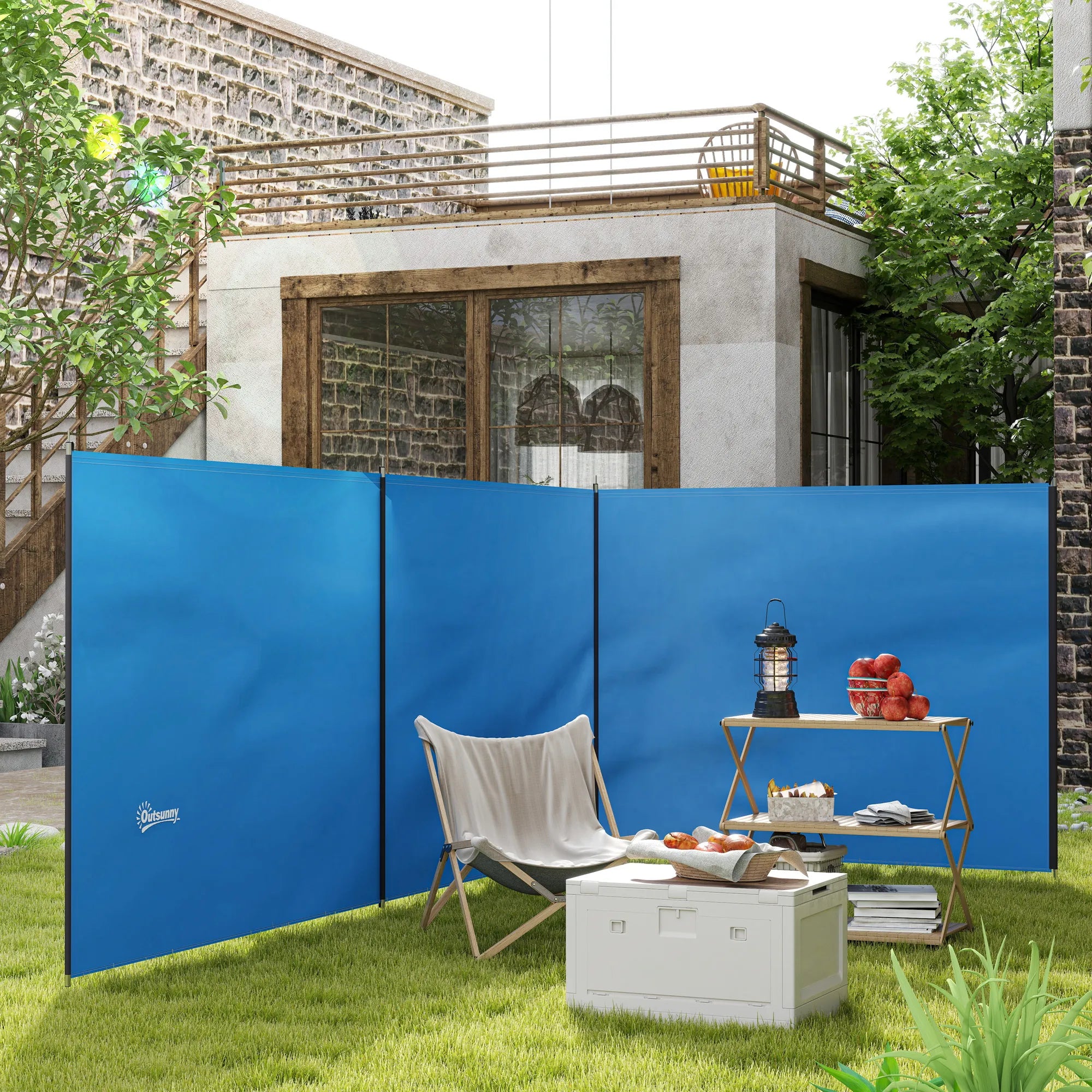 Vėjo uždanga stovyklavimo 540 x 150 cm plieniniais strypais, mėlyna