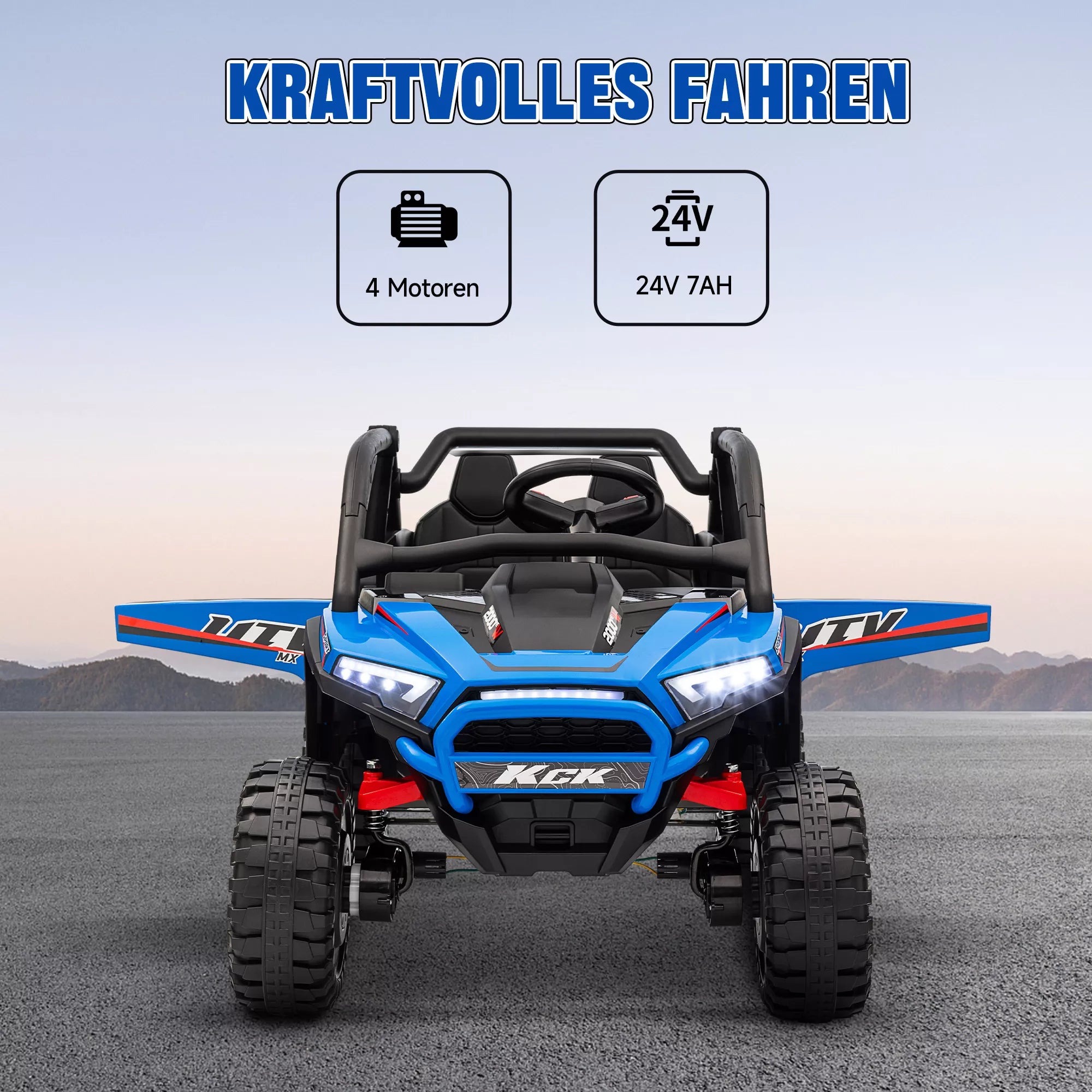 Vaikų automobilis „Elektro-UTV“, 5–7 km/h, 2 vietos, nuotolinis valdymas, muzika, žibintai, 1 val. važiavimo trukmė, mėlynas