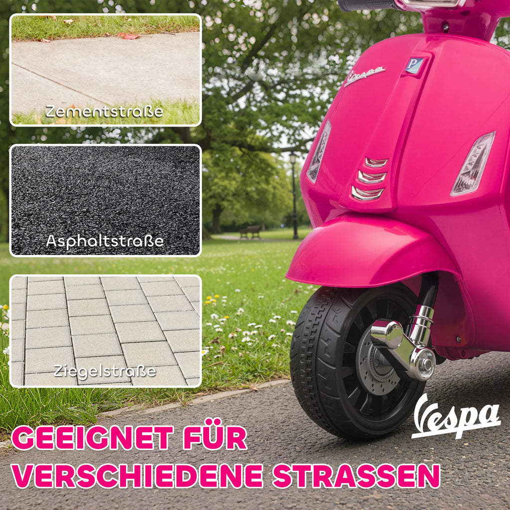 Vespa elektrinis motociklas vaikams su pagalbiniais ratukais rožinis