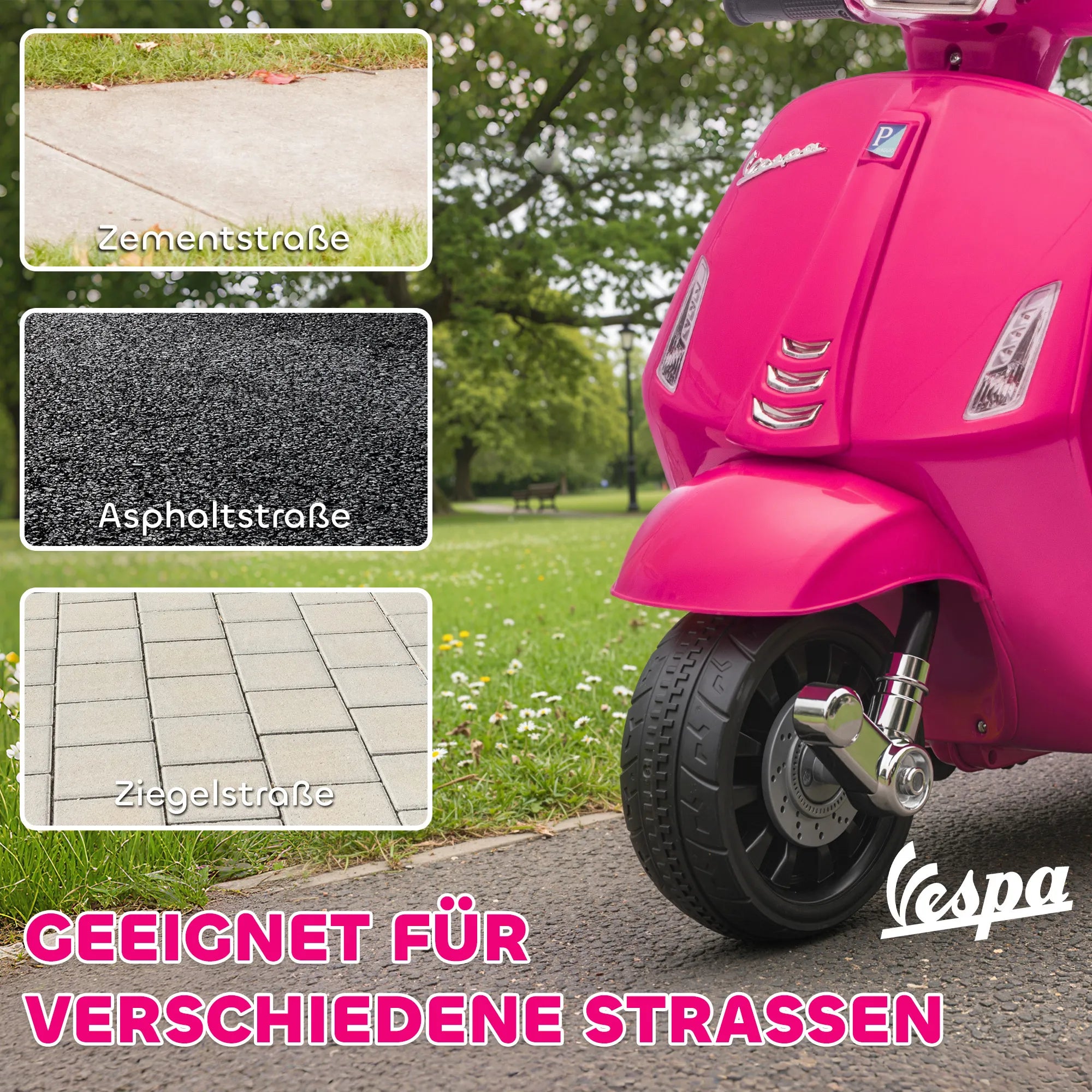 Vespa elektrinis motociklas vaikams su pagalbiniais ratukais rožinis