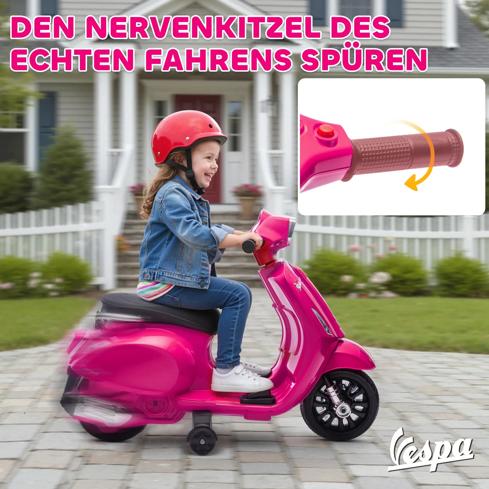 Vespa elektrinis motociklas vaikams su pagalbiniais ratukais rožinis