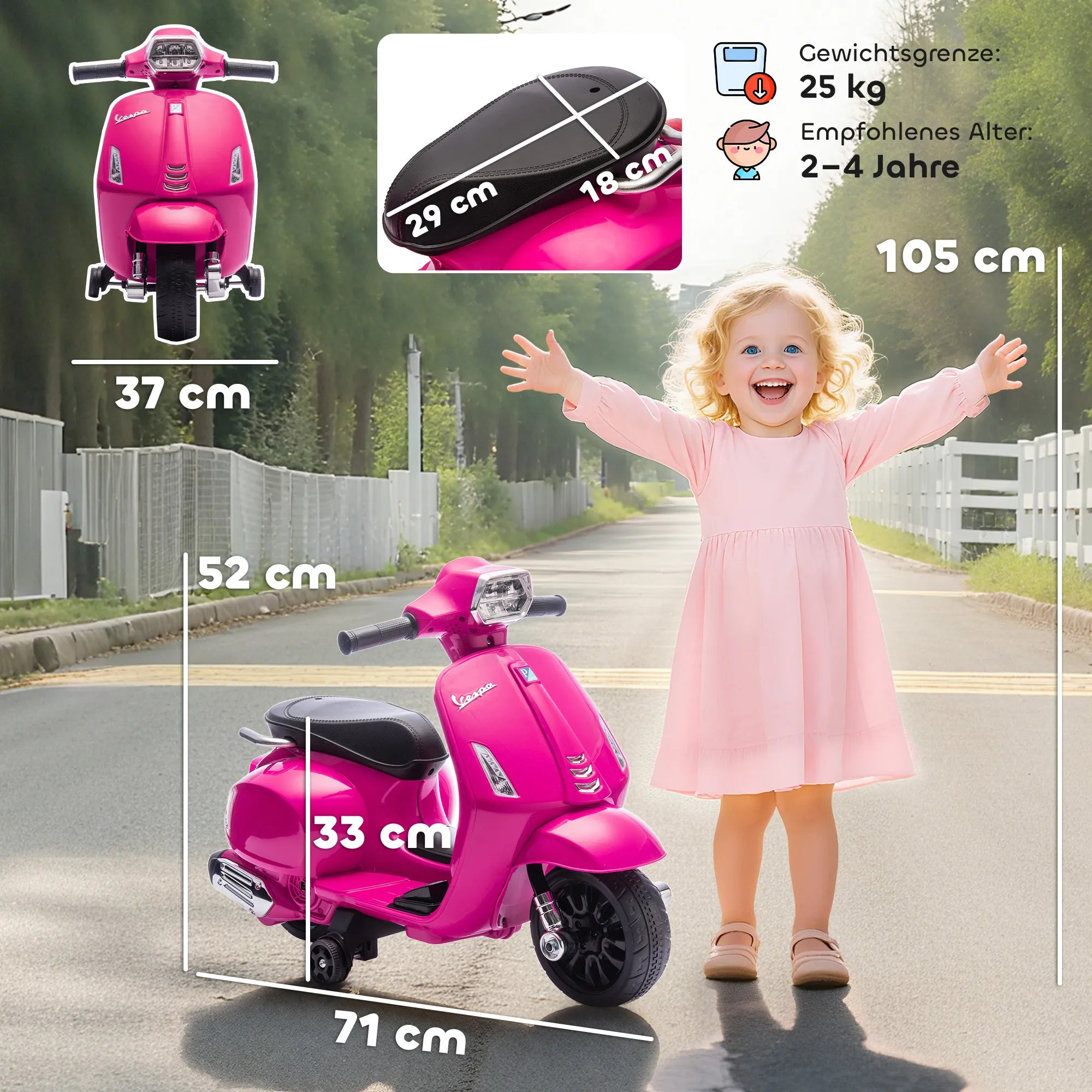 Vespa elektrinis motociklas vaikams su pagalbiniais ratukais rožinis