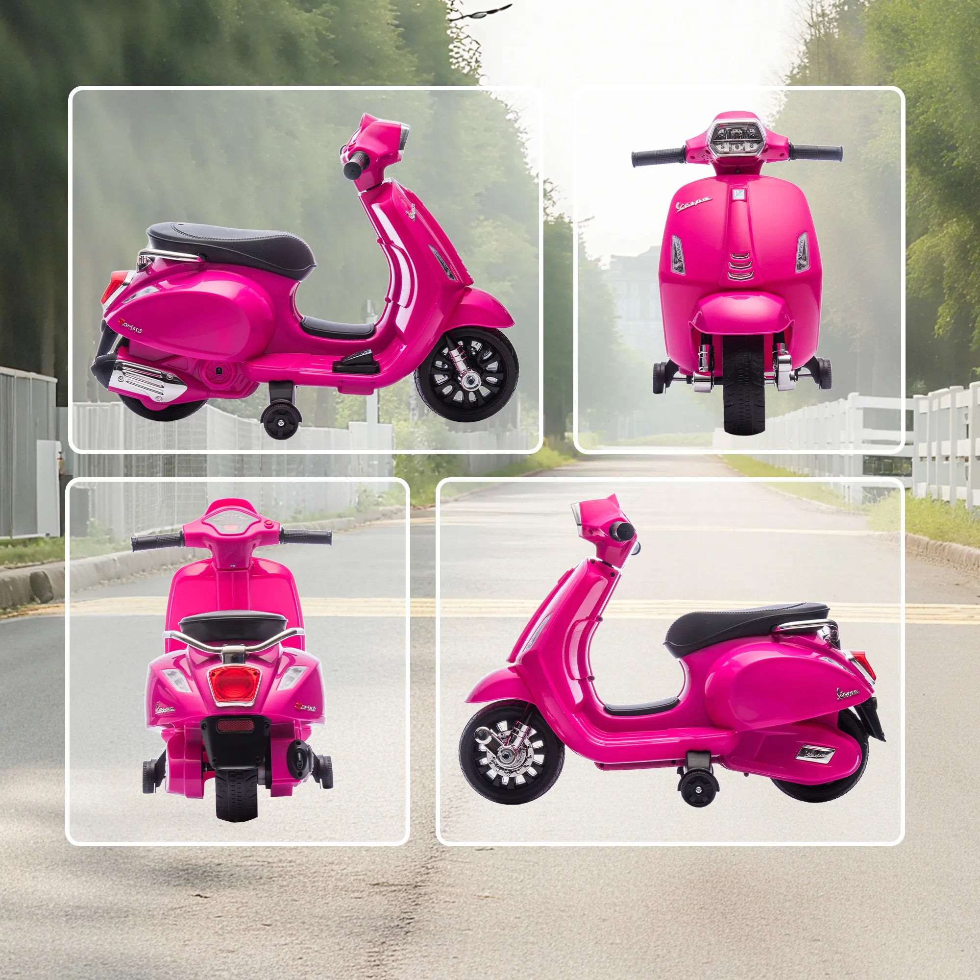 Vespa elektrinis motociklas vaikams su pagalbiniais ratukais rožinis