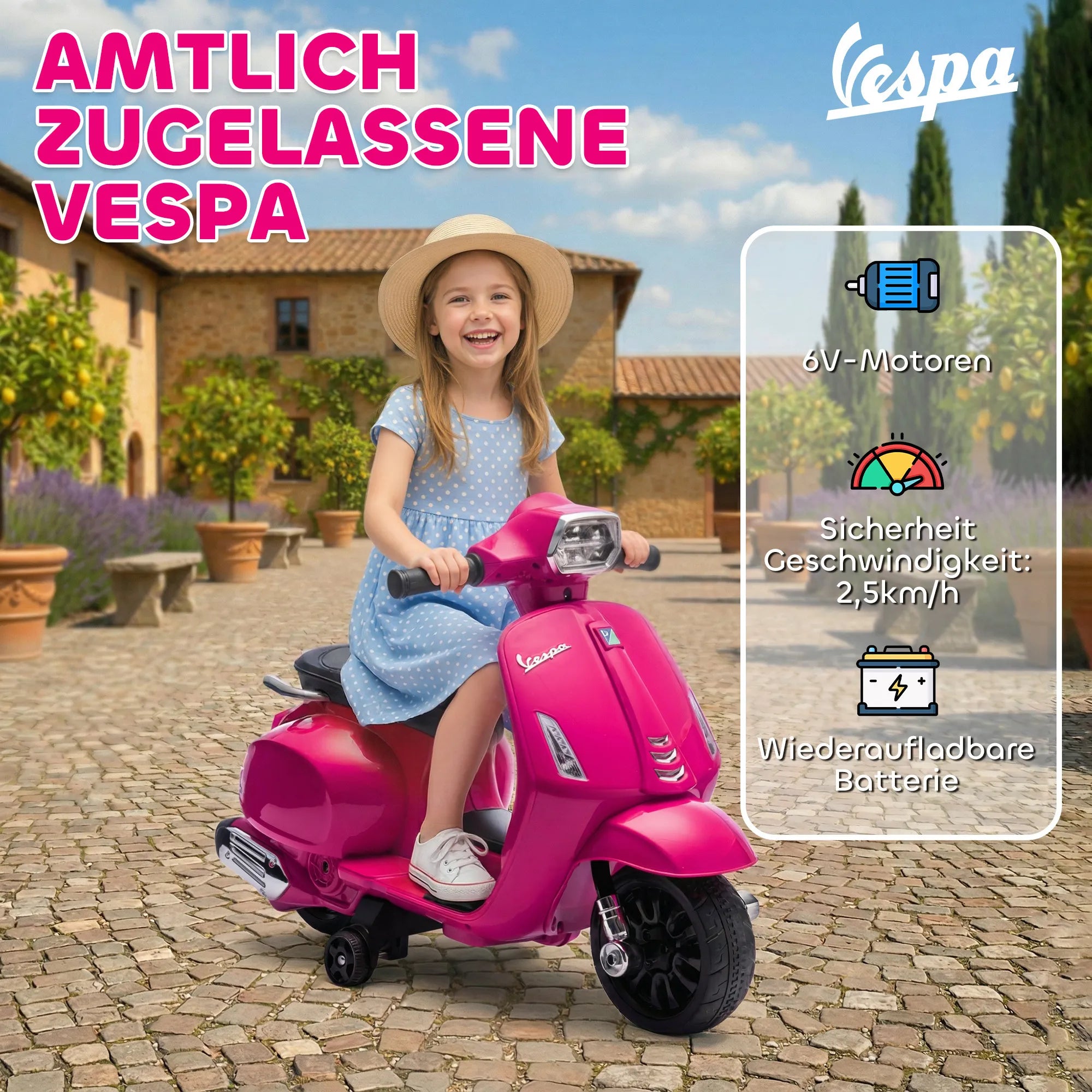 Vespa elektrinis motociklas vaikams su pagalbiniais ratukais rožinis