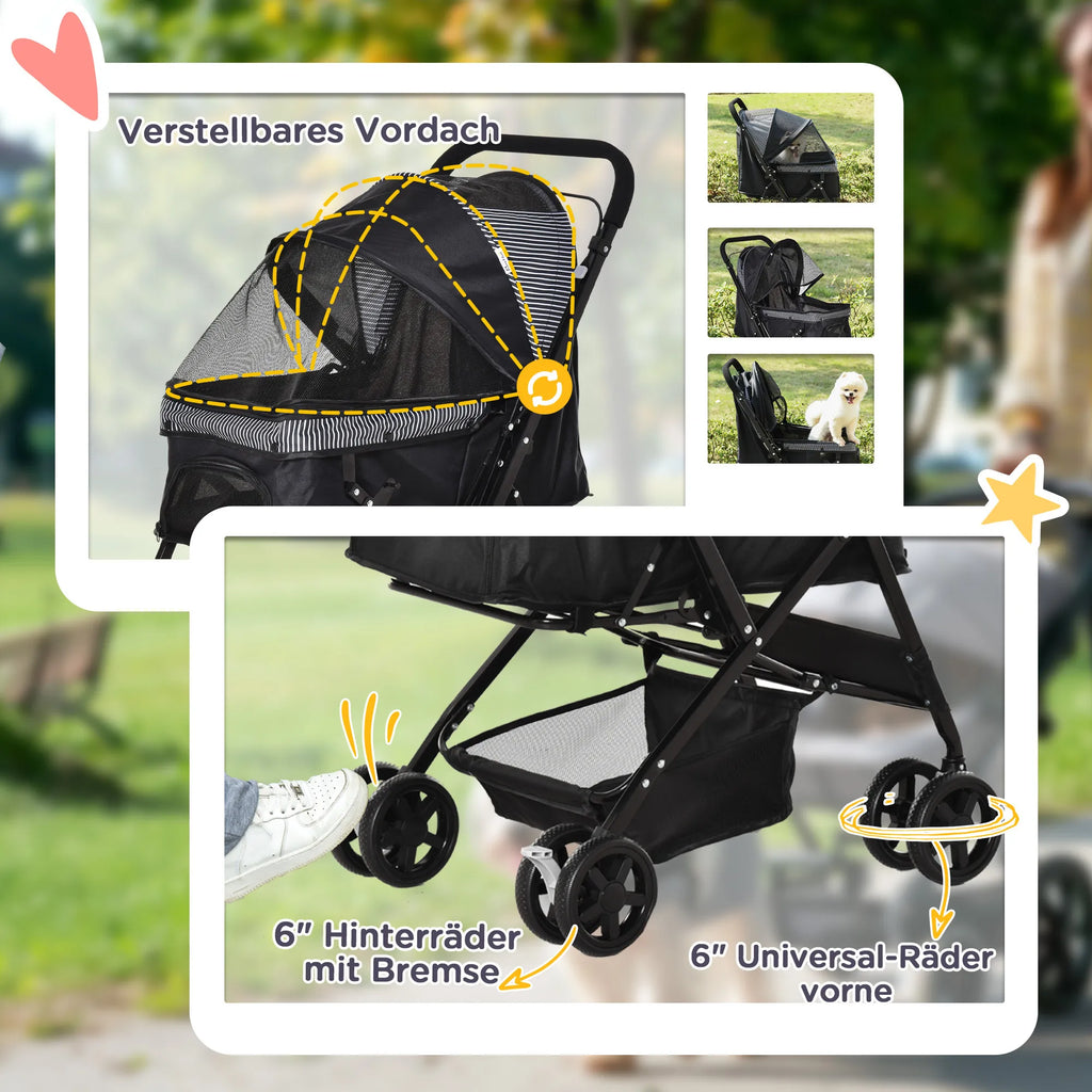 Vežimėlis augintiniams su stabdžiais, sulankstomas, iki 10 kg, juodas