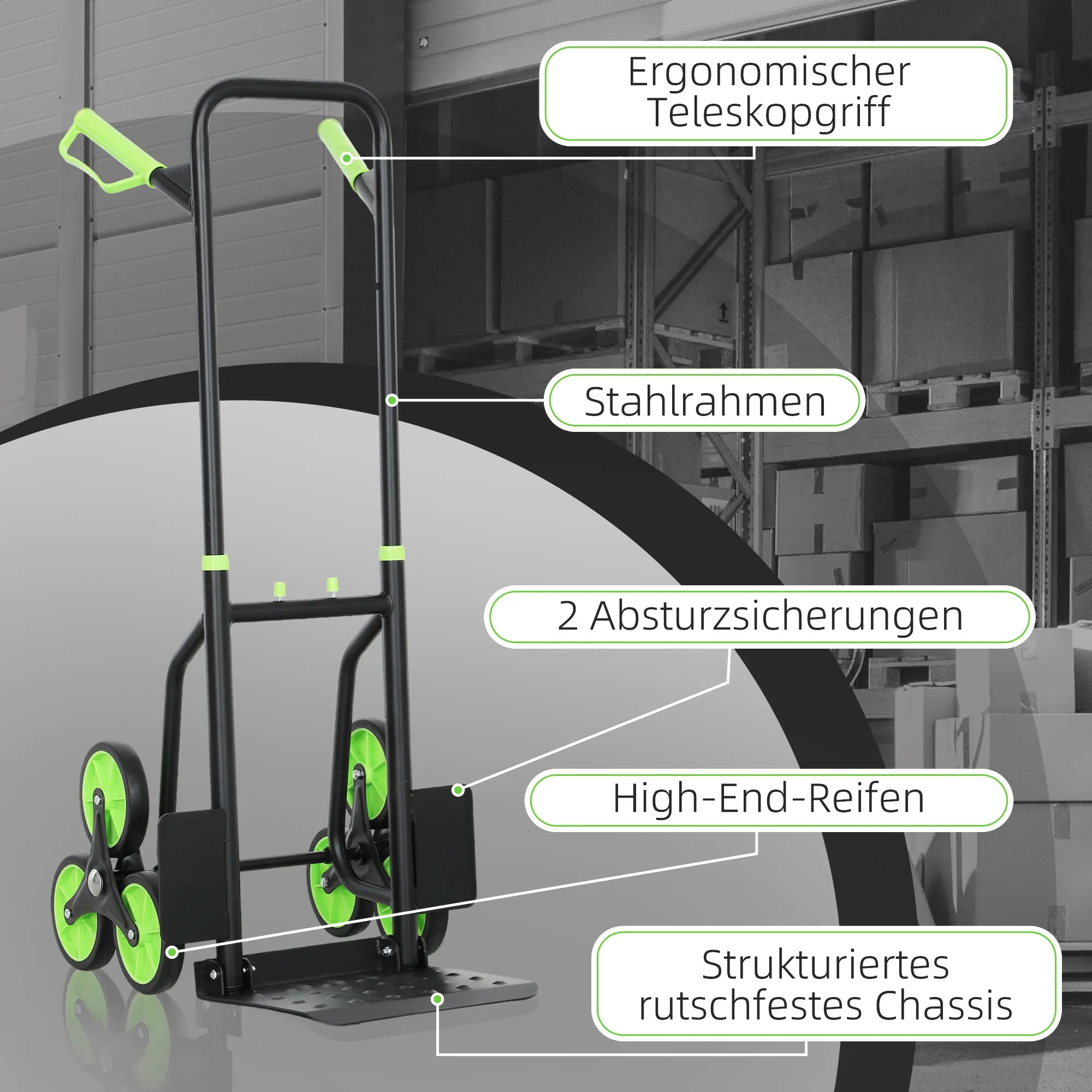 Vežimėlis laiptams, iki 120 kg, sulankstomas, plieninis rėmas, žalias