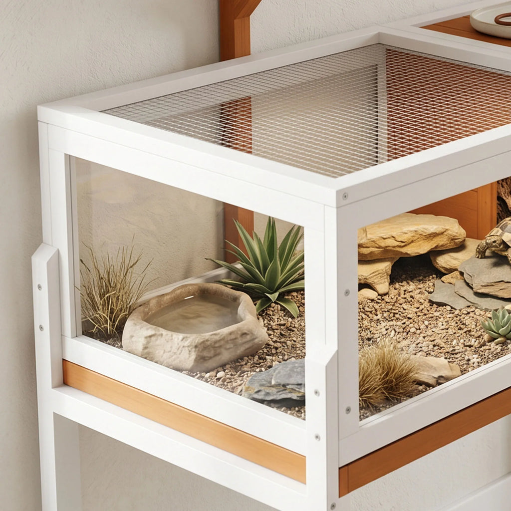 Vėžlių namelis iš medžio su apžvalgos langais, 104x53x82 cm, baltas/oranžinis