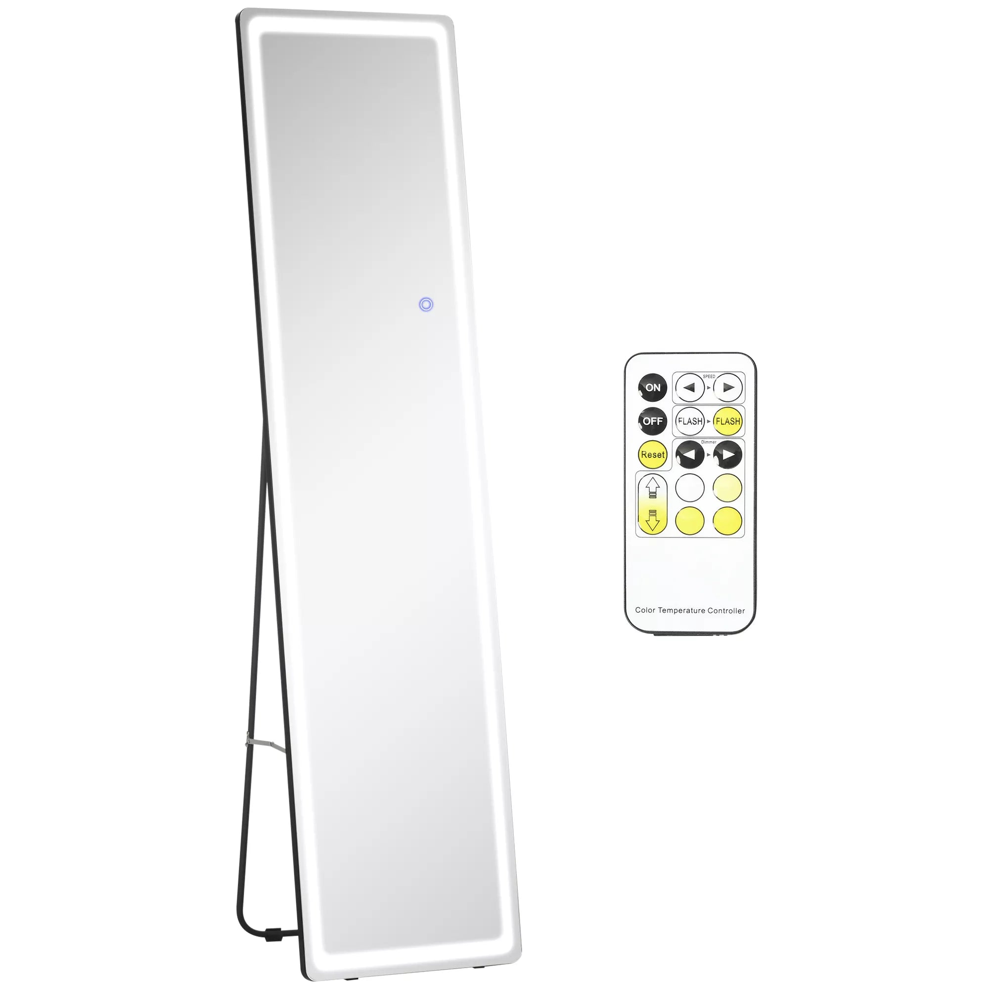 2-in-1 pastatomas veidrodis su LED apšvietimu, laisvai statomas, aliuminio, reguliuojamas apšvietimas, 40 cm x 37 cm x 157,5 cm