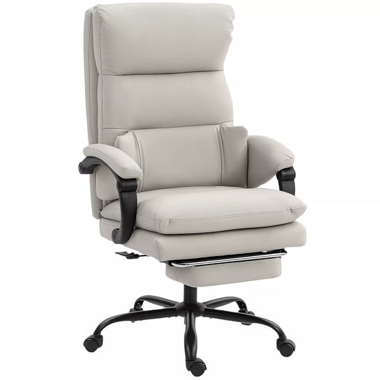 Biuro kėdė su reguliuojamu aukščiu, juosmens atrama, porankiais, atrama kojoms, pagaminta iš dirbtinės odos, šviesiai pilka