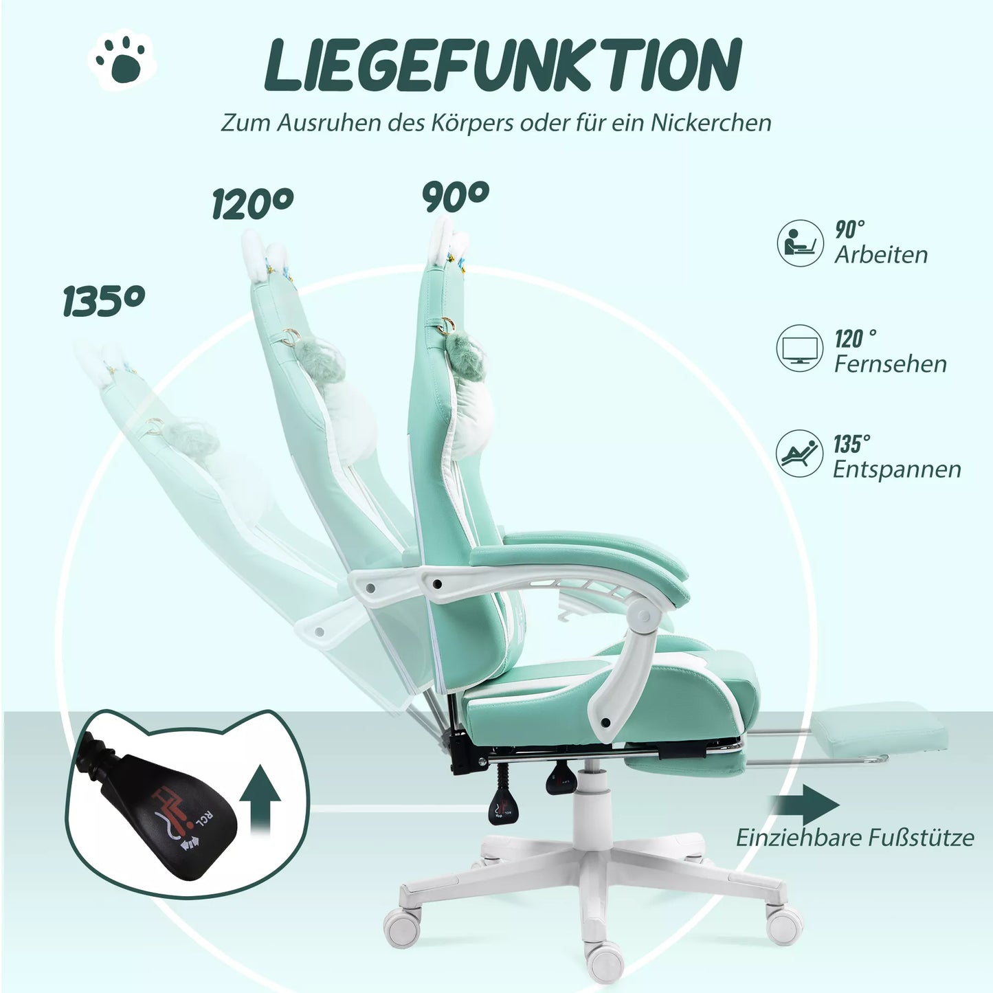 Žaidimų kėdė su katės ausimis, atlošiama atlošo dalis, ištraukiama pakoja, atlaiko iki 120 kg, jūros mėlynumo