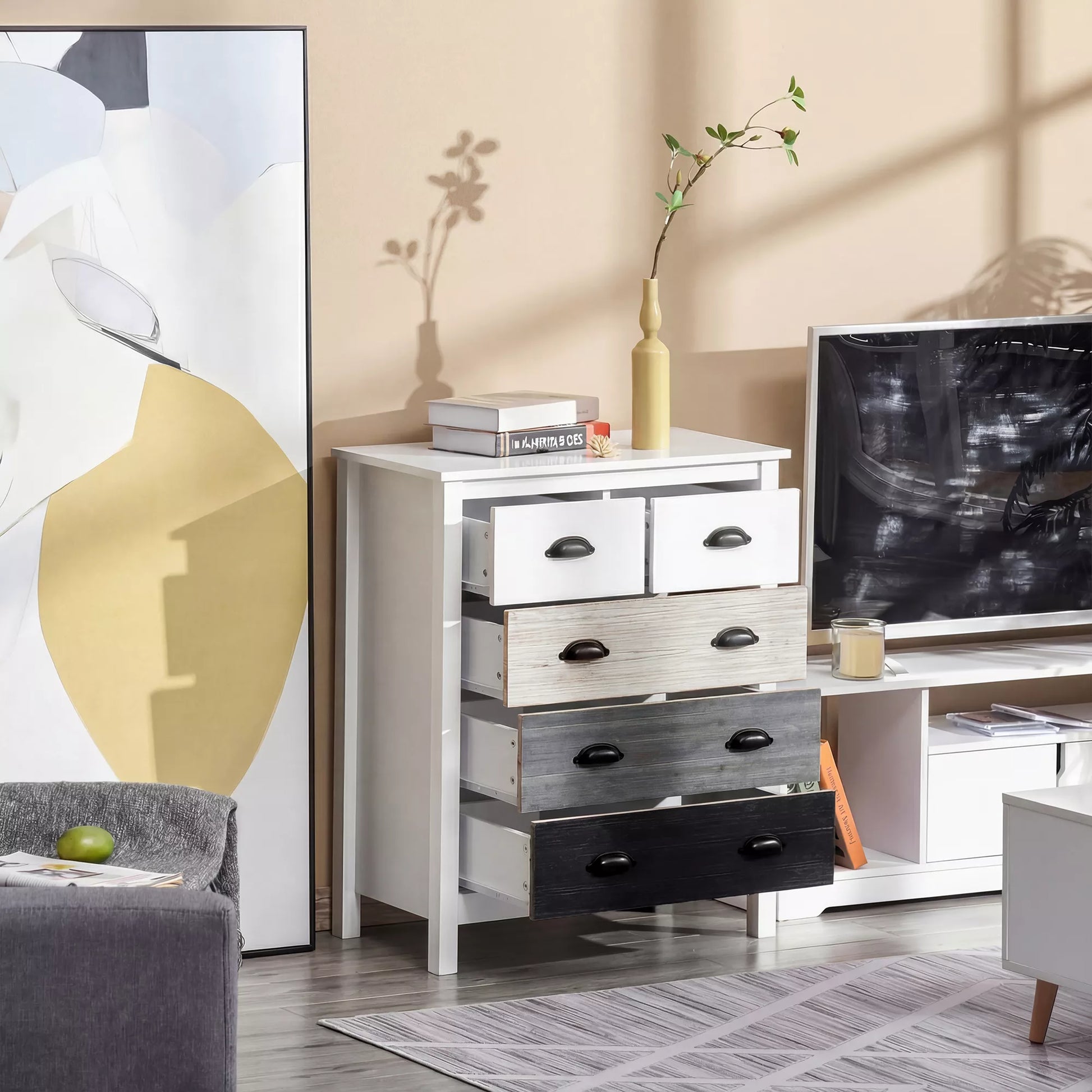 Bufetas, komoda, 5 stalčiai, lakuotas paviršius, MDF ir pušies mediena, 70 x 38 x 85 cm, balta