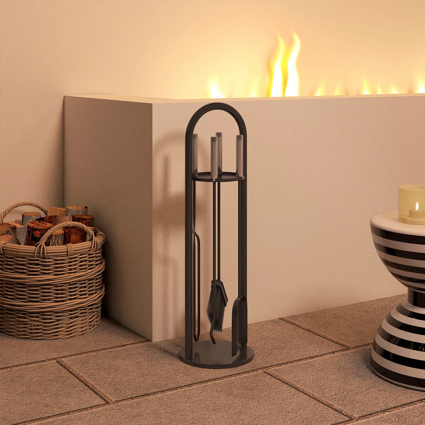 5 dalių židinio įrankių rinkinys, židinio priedai su šluota, kastuvu, semtuvėliu, žnyplėmis ir stovu