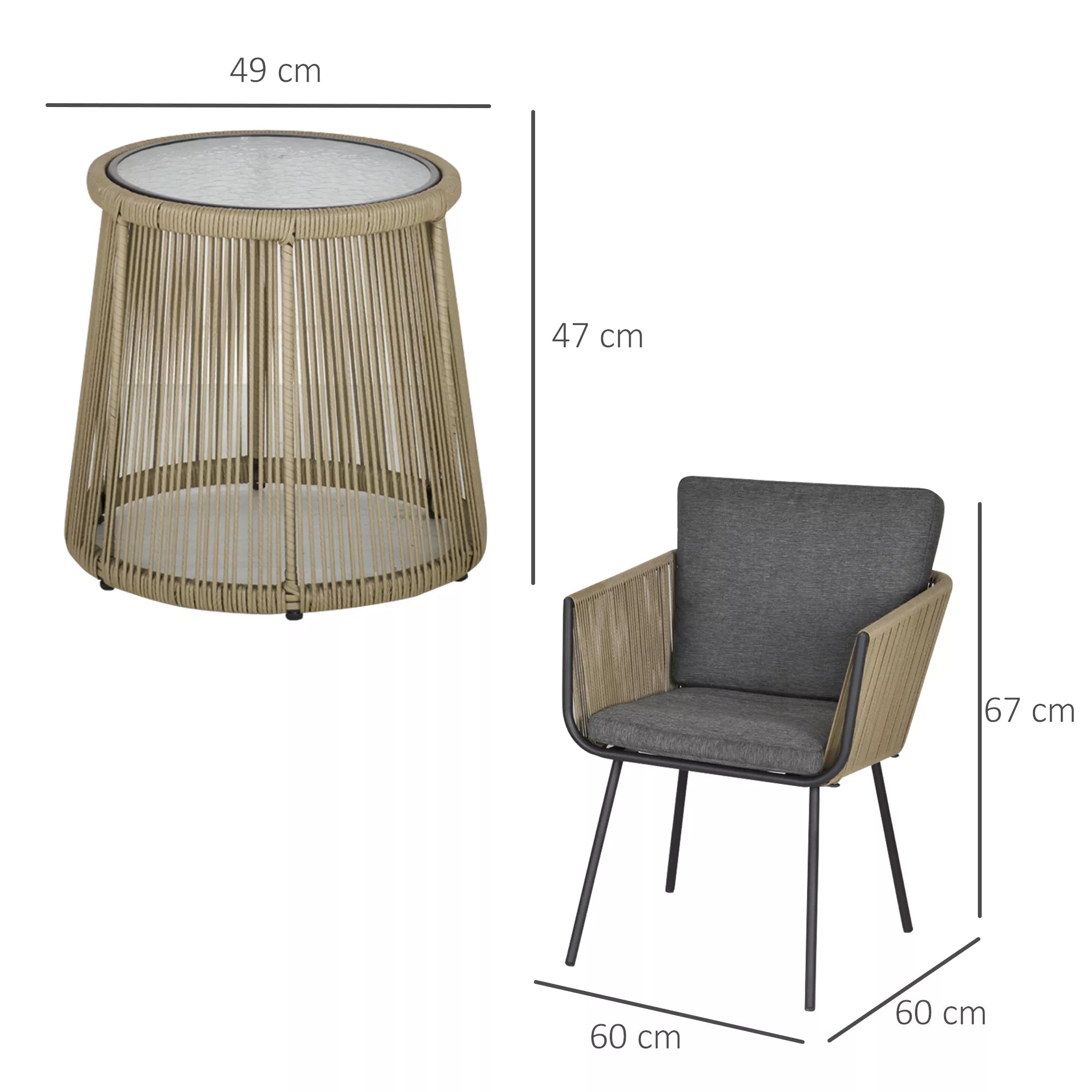 3 dalių sėdimoji grupė, 2 kėdės, pagalbinis staliukas, sėdynės ir atlošo pagalvėlės, kietas stiklas, dirbtinis rotangas, pilka spalva