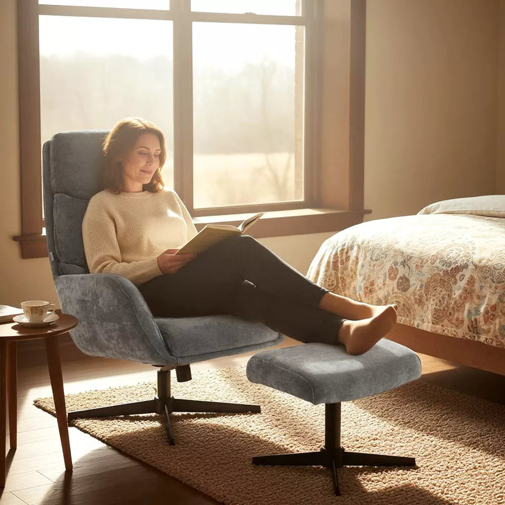 Minkštas fotelis su pufu, poilsio fotelis su aukštu atlošu, metalinis pagrindas, skirtas svetainei, miegamajam, pilkos spalvos