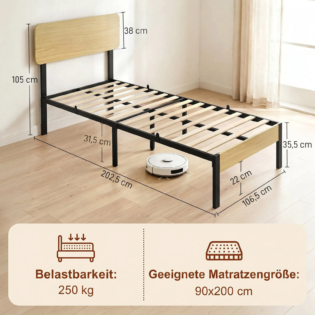 Matmenų schema: lova 202,5x106,5 cm, galvūgalio aukštis 38 cm, apkrova 250 kg
