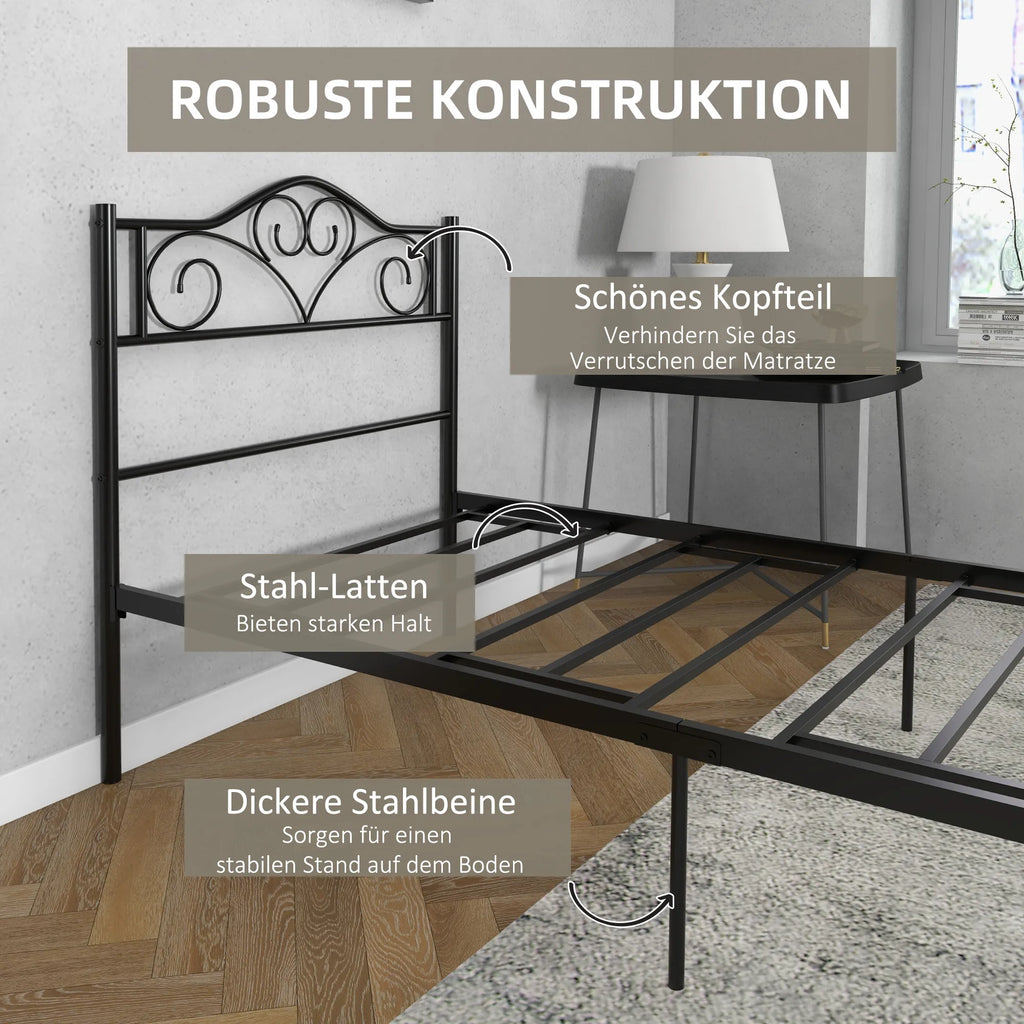 Viengulė lova 90x200 cm su grotelėmis, juoda