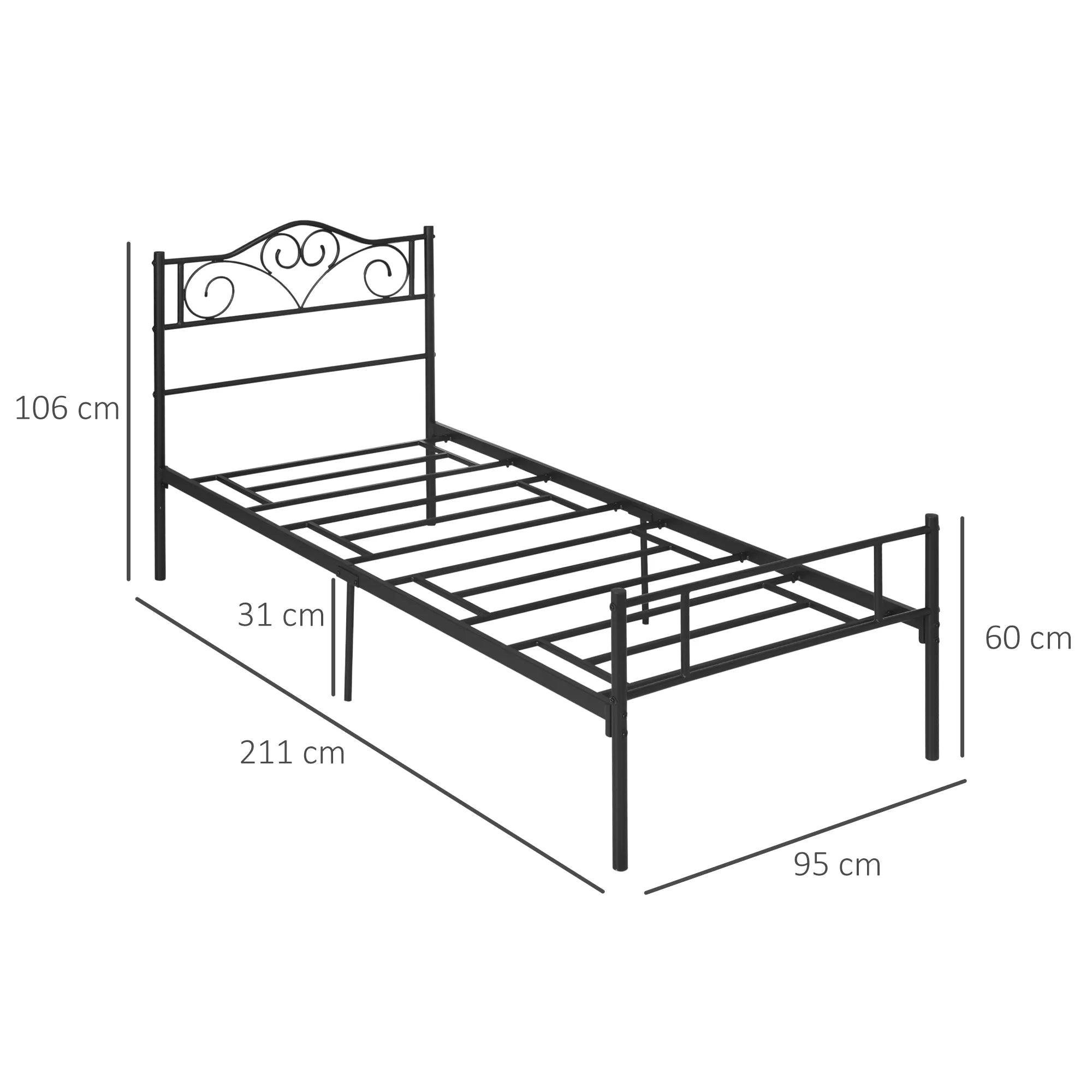 Viengulė lova 90x200 cm su grotelėmis, juoda