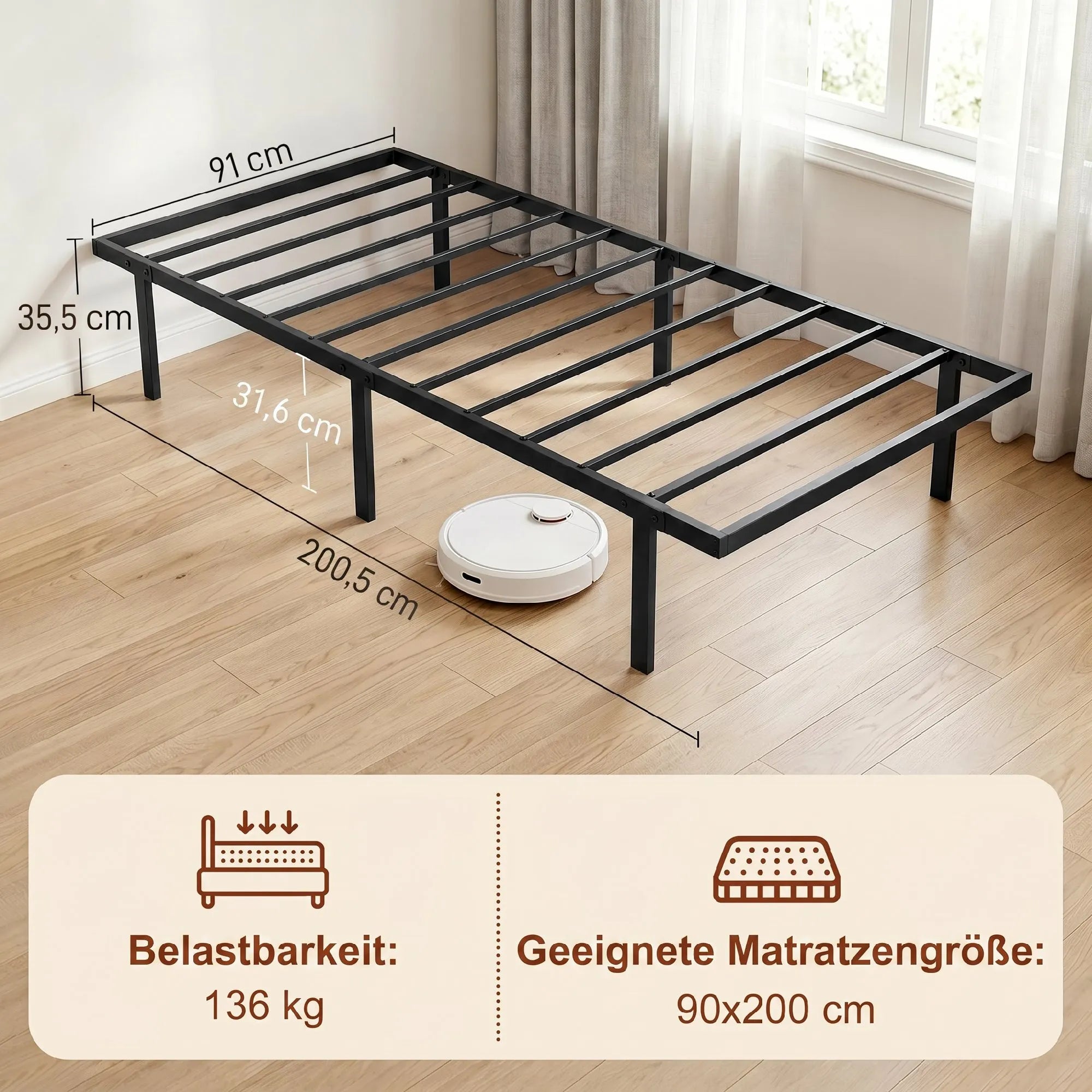 Viengulis lovos rėmas 90x200 cm su vieta daiktams, juodas