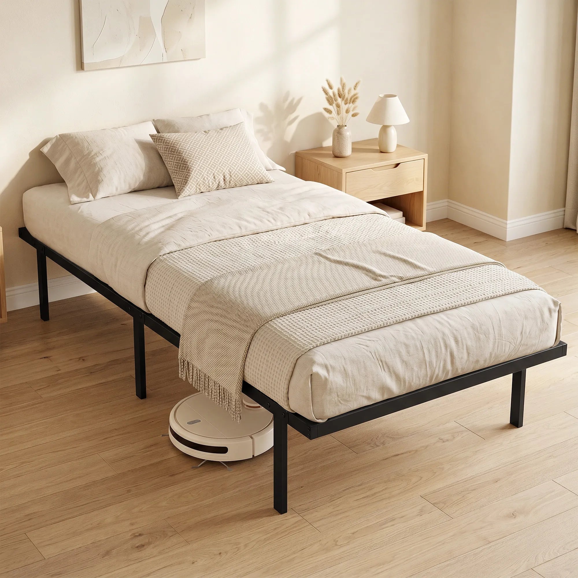 Viengulis lovos rėmas 90x200 cm su vieta daiktams, juodas
