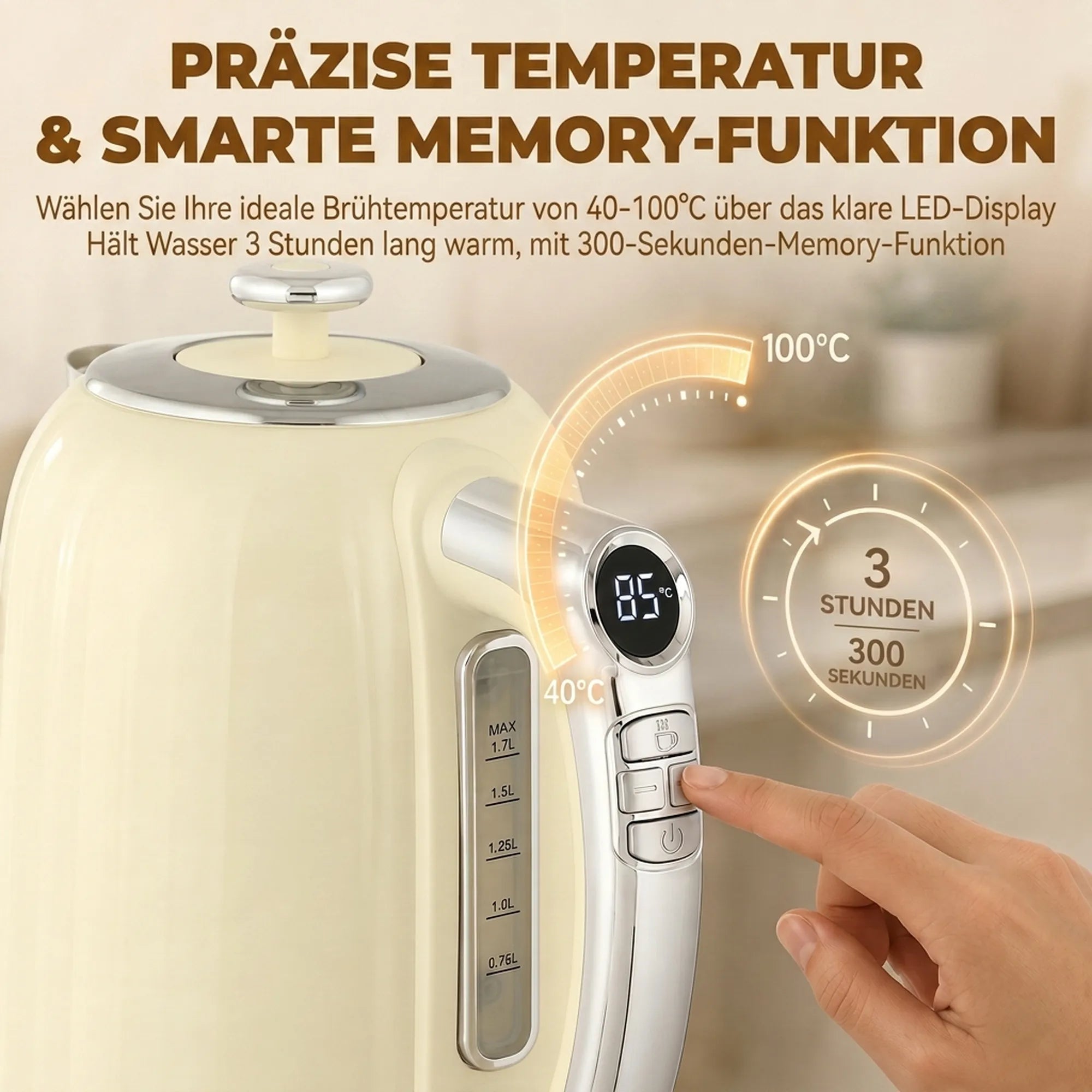 Virdulio ir skrudintuvo komplektas, 1,7 l virdulys su temperatūros valdymu, kreminės spalvos