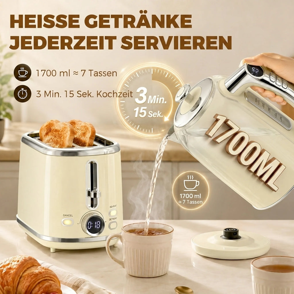Virdulio ir skrudintuvo komplektas, 1,7 l virdulys su temperatūros valdymu, kreminės spalvos