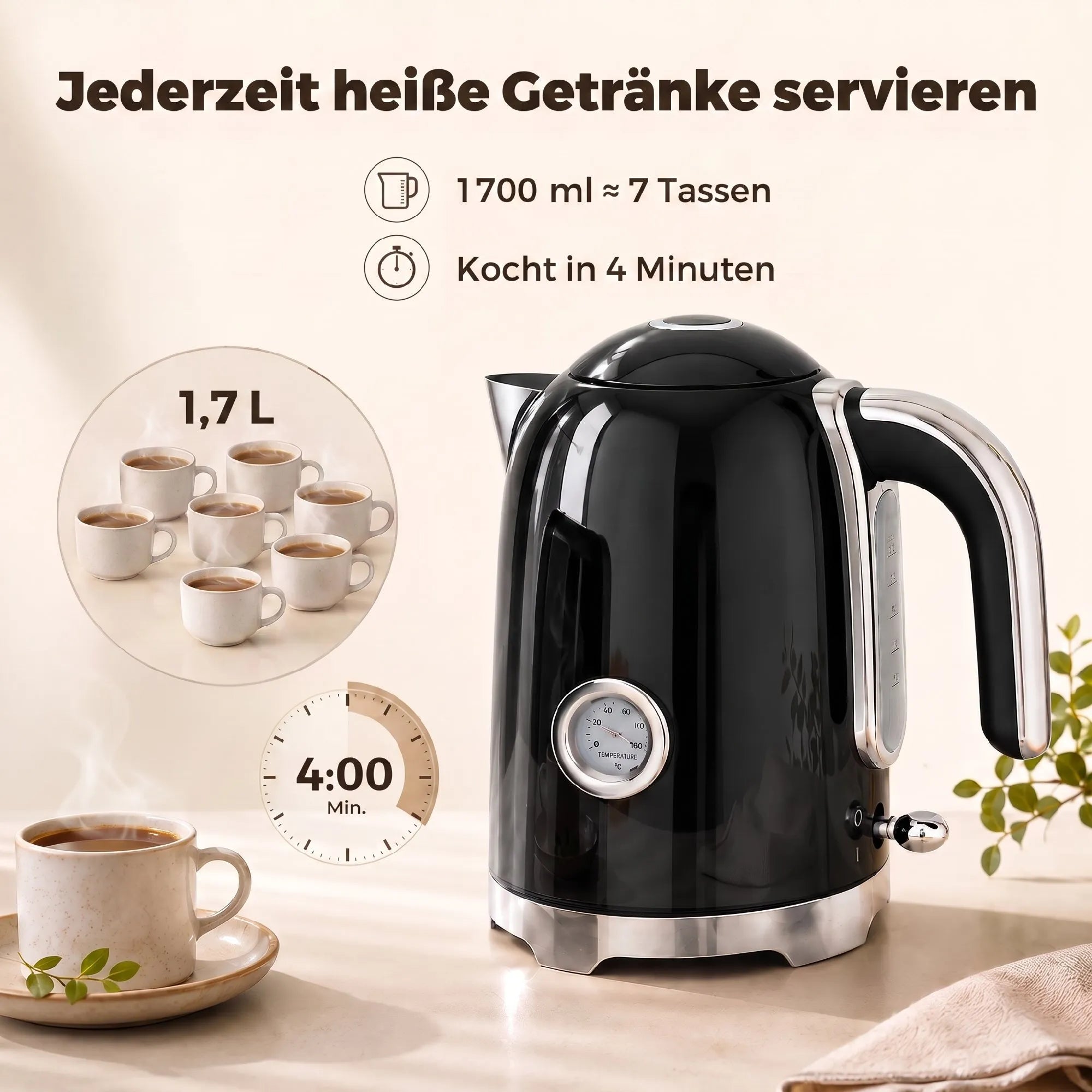 Virdulio ir skrudintuvo komplektas su termometru, 1,7 l, juodas