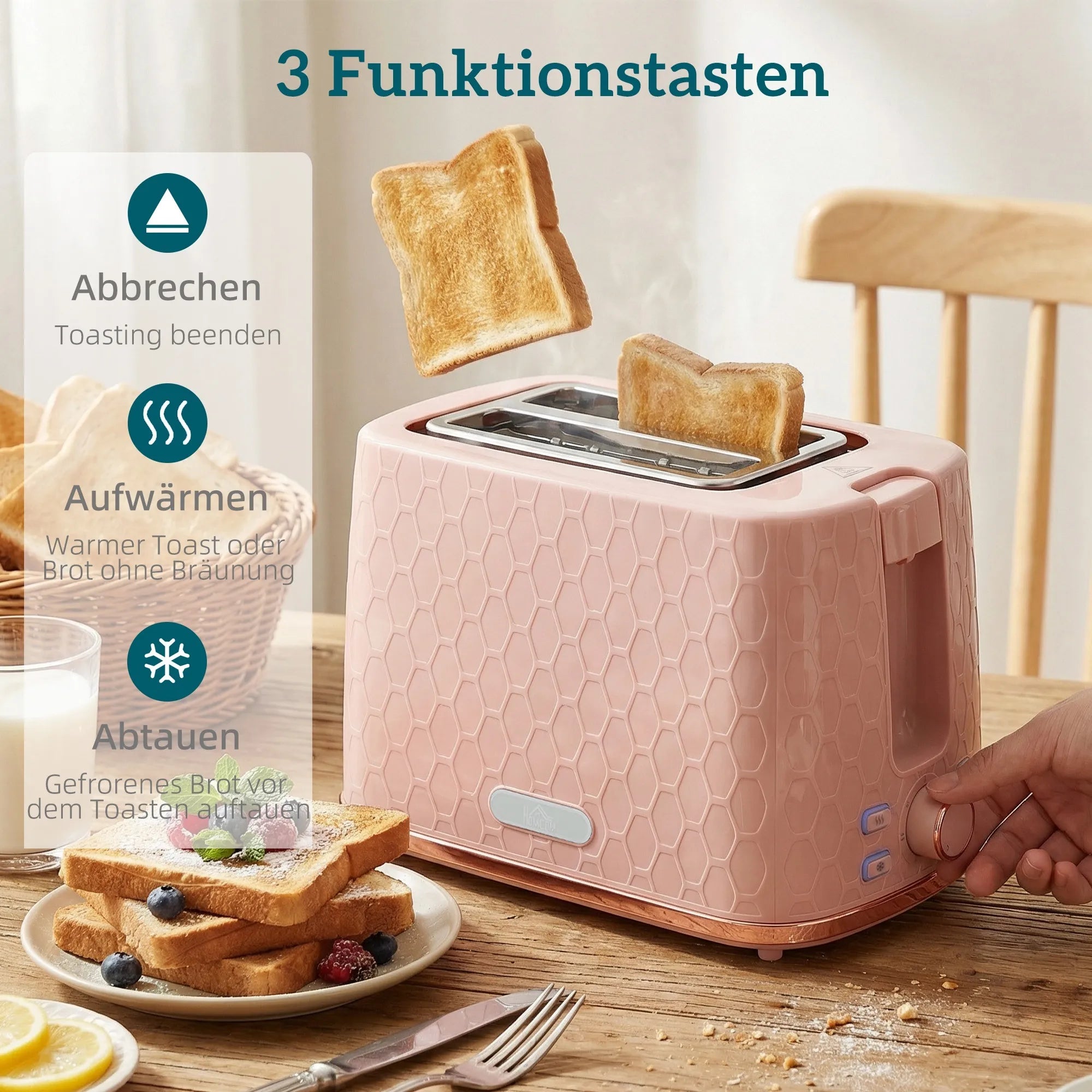 Virdulio ir skrudintuvo rinkinys, 1,7 l 2200 W virdulys dviejų riekių skrudintuvas su trupinių stalčiumi, rožinis