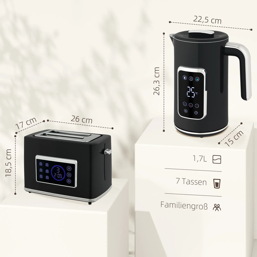 Virdulys ir skrudintuvas su LED jutikliniu ekranu, 1,7 l, 2 skrudintuvo lizdai, įvairūs režimai ir funkcijos, juodos spalvos