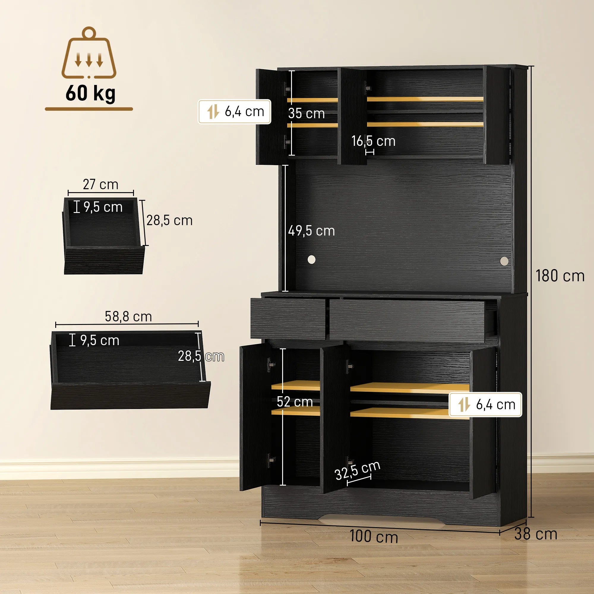 Virtuvės indauja su stalviršiu medienos drožlių plokštės 100x180 cm juoda
