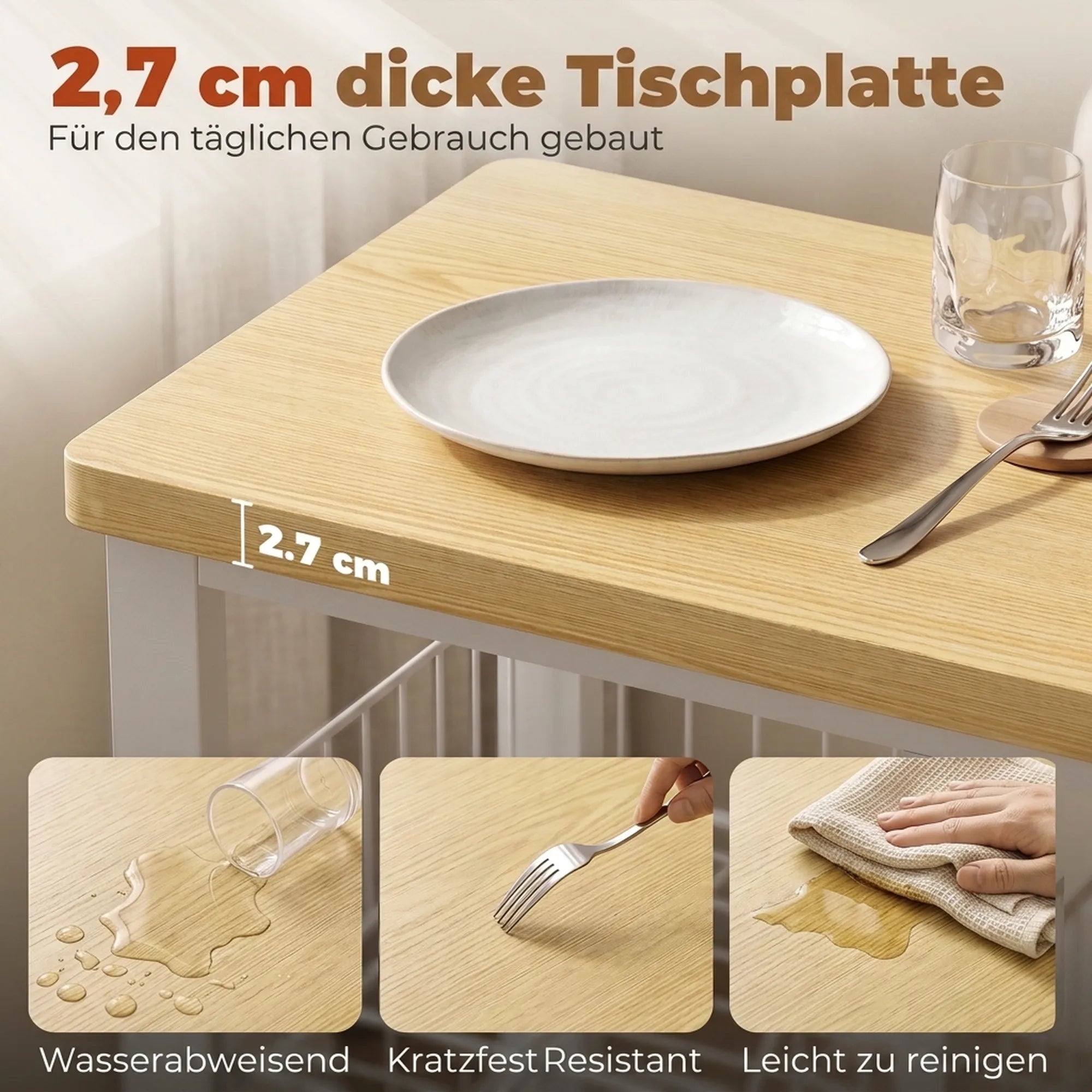 Medinio stalviršio detalė su lėkšte, rodomas 2,7 cm storis