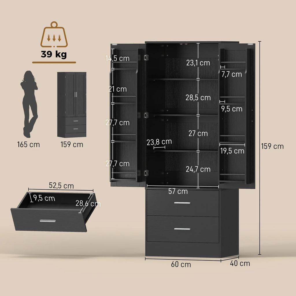 Virtuvės spintelė su 8 lentynėlėmis durelėse ir reguliuojamomis lentynomis, 159 cm, juoda
