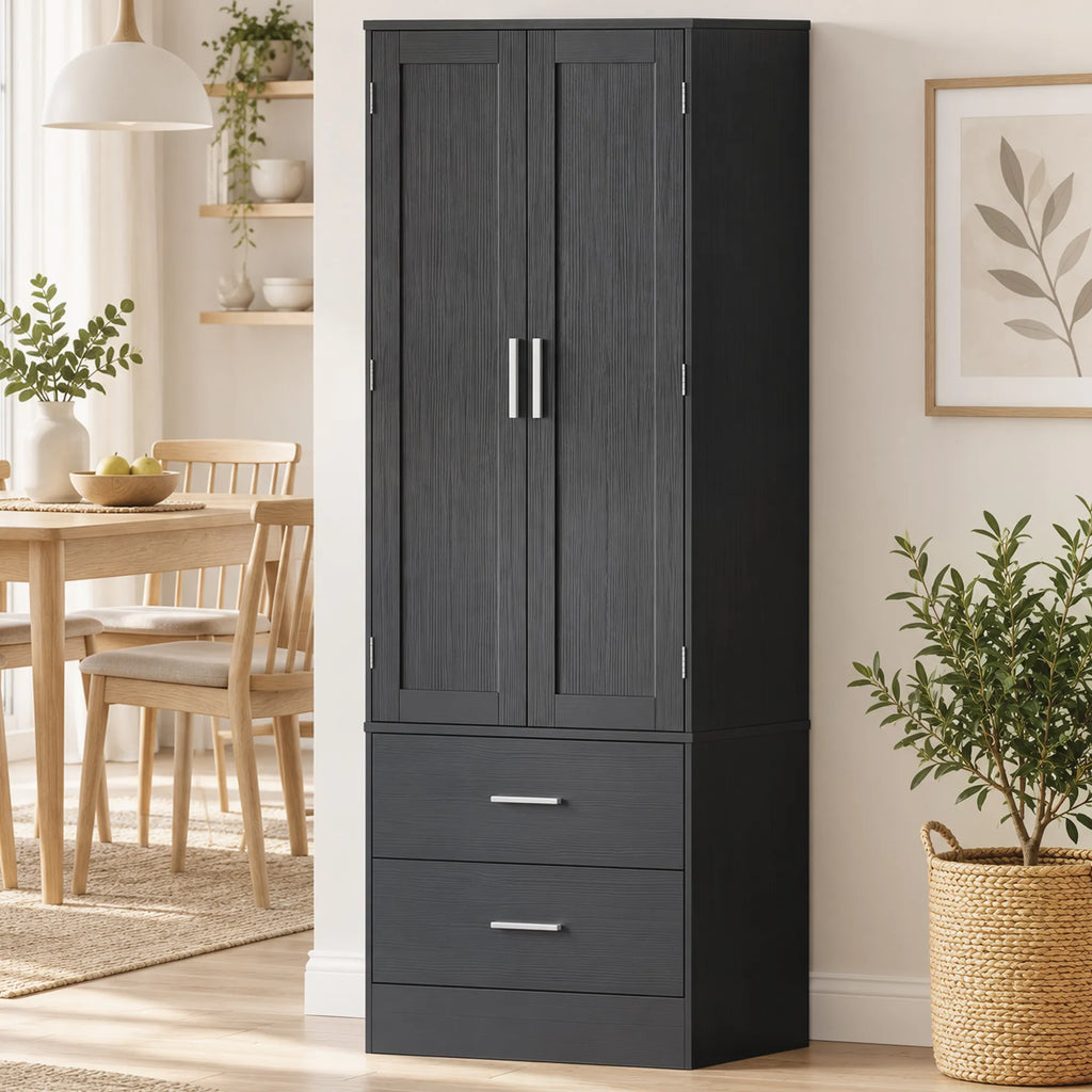 Virtuvės spintelė su 8 lentynėlėmis durelėse ir reguliuojamomis lentynomis, 159 cm, juoda